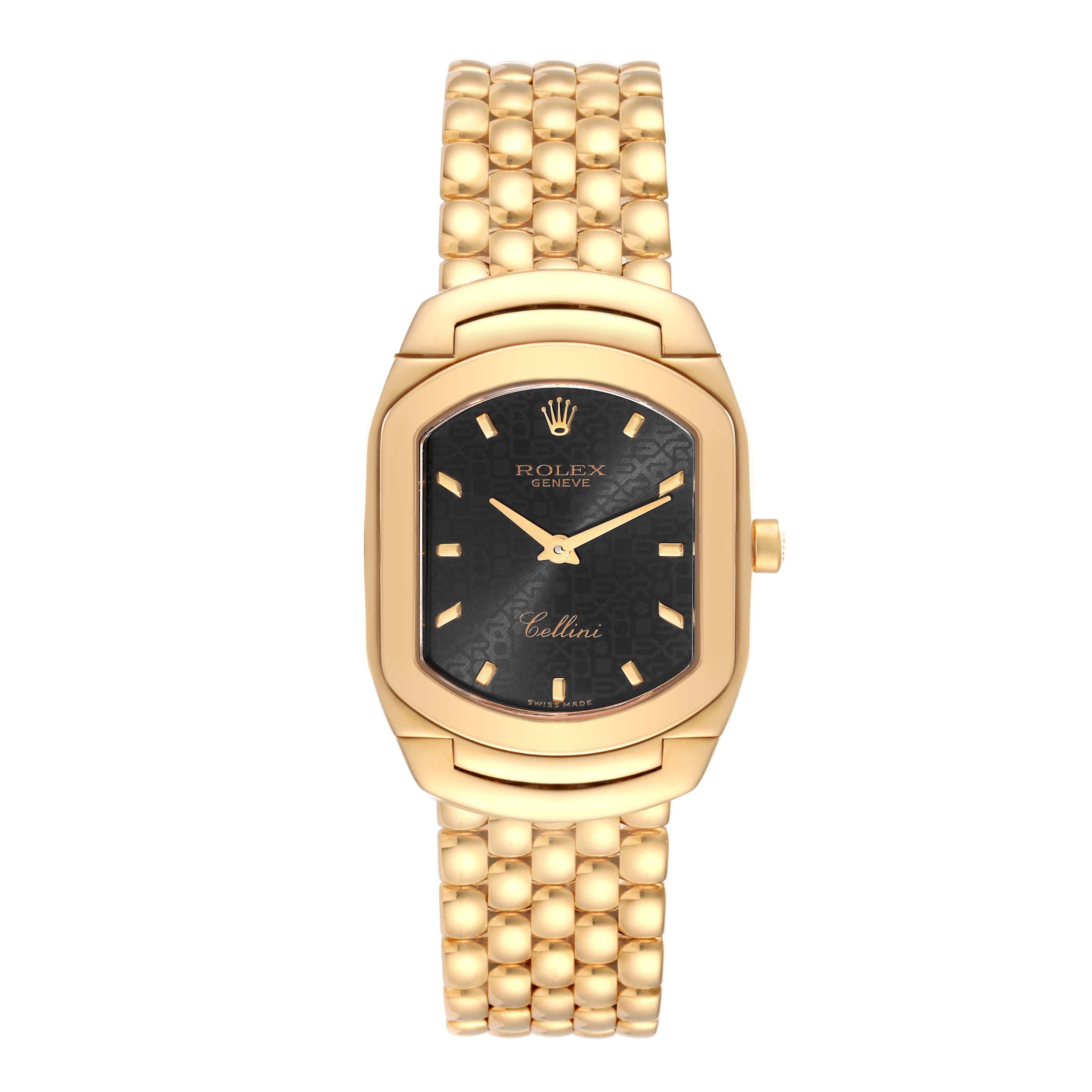 The Rolex Cellini 6631 Women's Yellow Gold Black Dial 6631 Women's Yellow Gold Black Dial watch is shown from the front, displaying its gold bracelet, black dial, and gold hour markers.