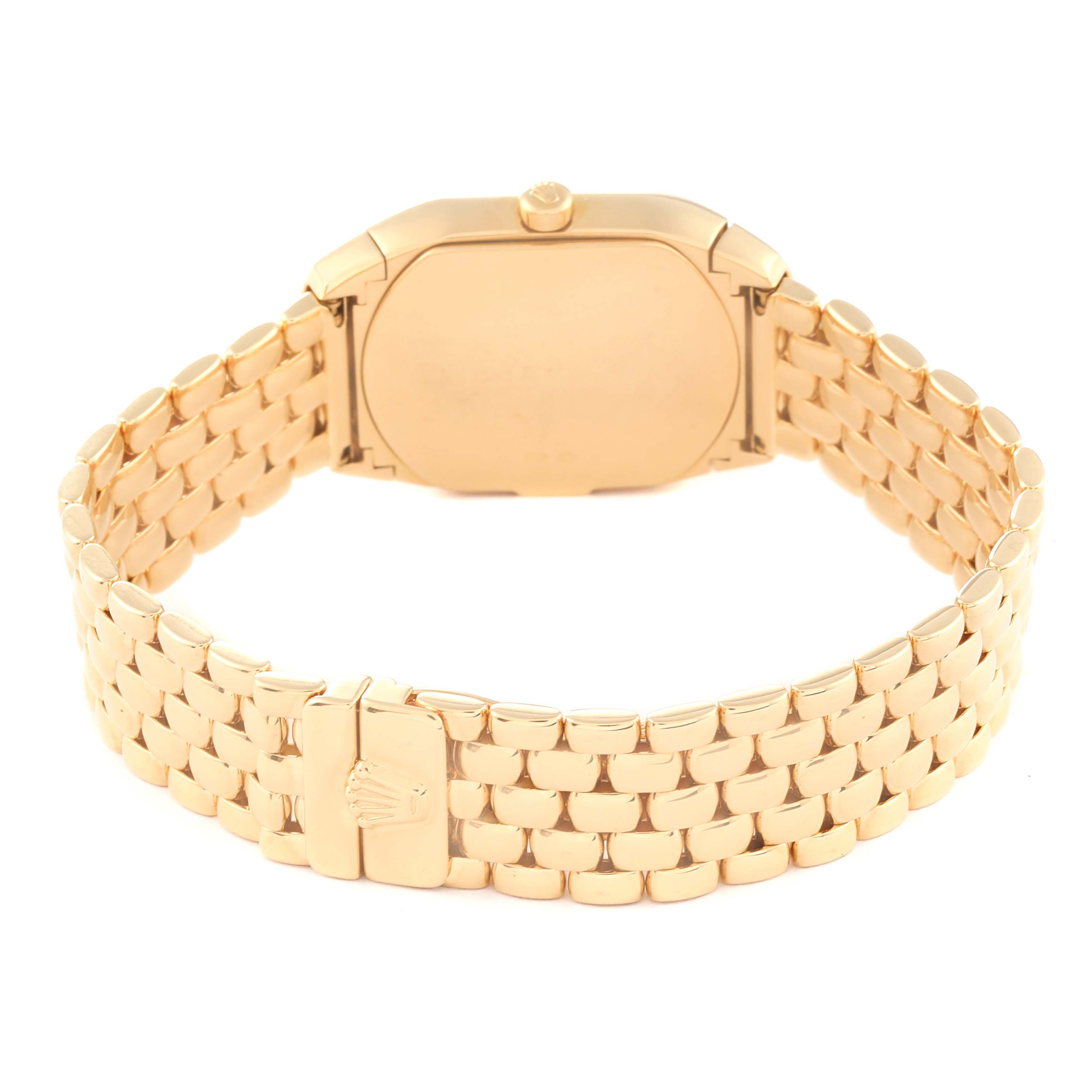 The image shows the back view of the Rolex Cellini 6631 Women's Yellow Gold Black Dial 6631 Women's Yellow Gold Black Dial watch, highlighting its gold case and bracelet.