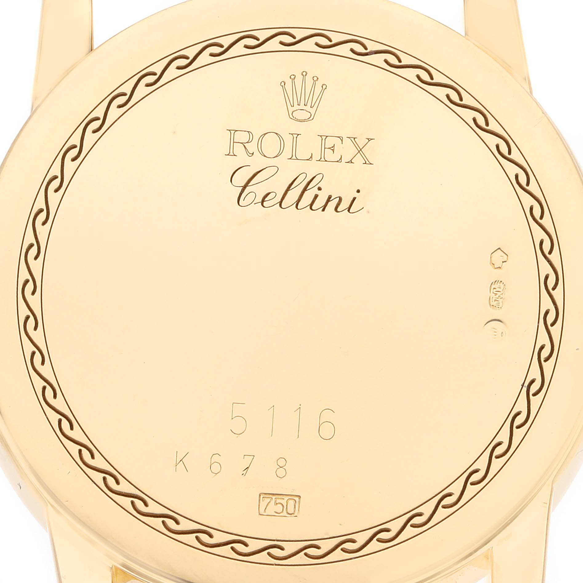 The image shows the case back of a Rolex Cellini 5116 Men
s Yellow Gold Mother of Pearl Dial 5116 Men
s Yellow Gold Mother of Pearl Dial model watch from a top-down angle.