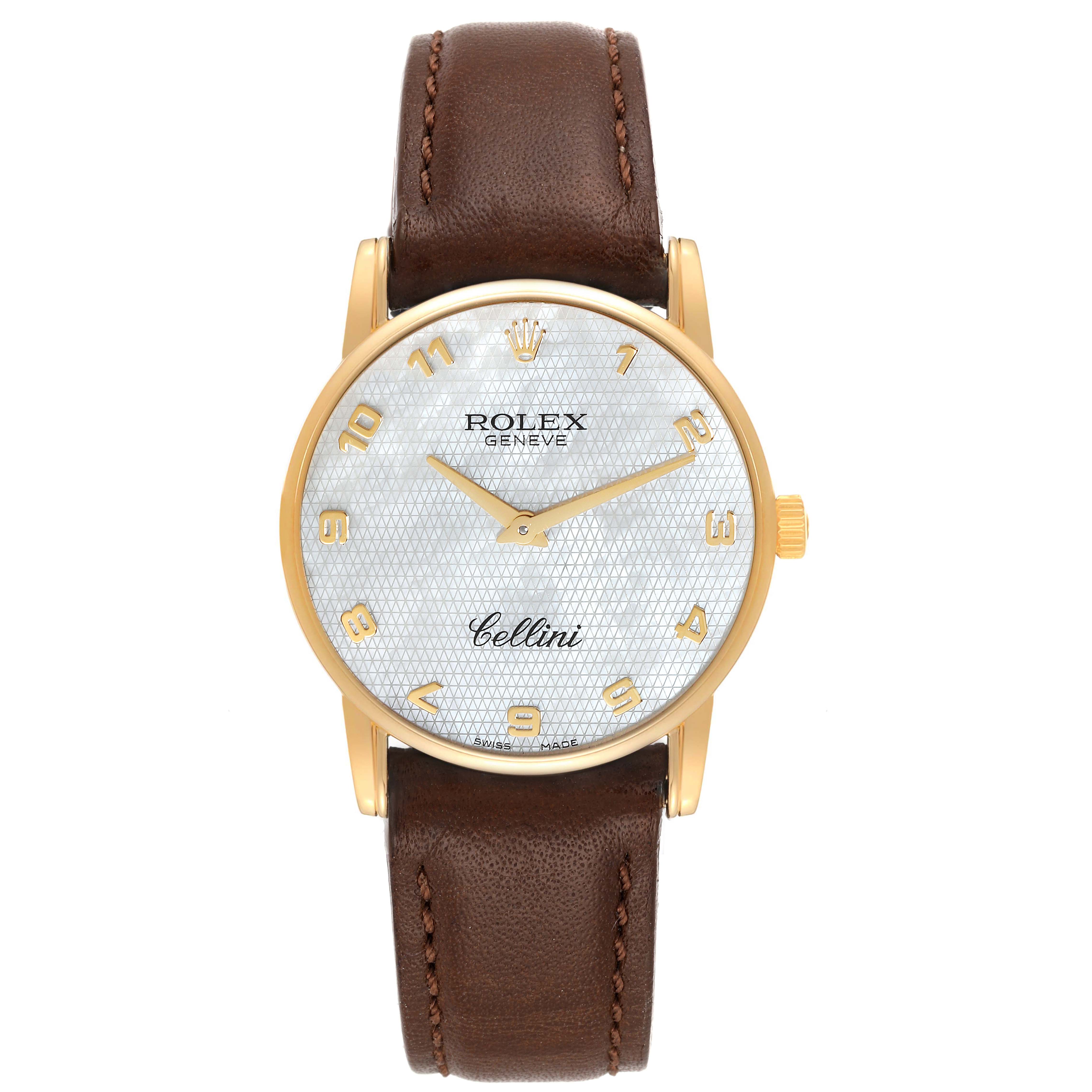This image shows a Rolex Cellini 5116 Men
s Yellow Gold Mother of Pearl Dial 5116 Men
s Yellow Gold Mother of Pearl Dial watch from a top-down angle, featuring its face, bezel, and brown leather strap.
