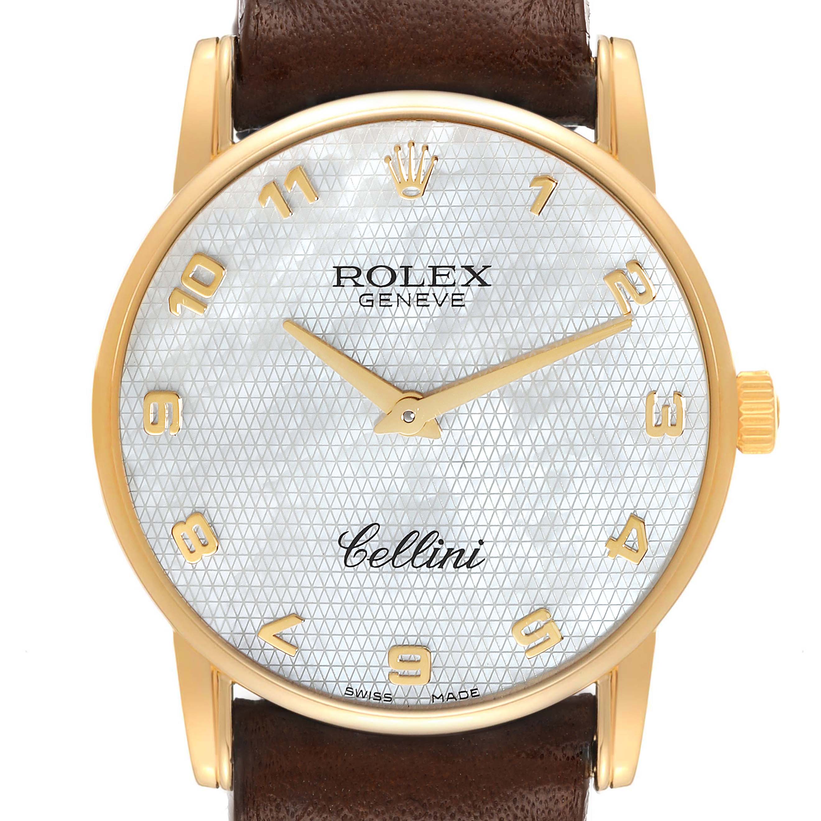 The image shows a front view of a Rolex Cellini 5116 Men
s Yellow Gold Mother of Pearl Dial 5116 Men
s Yellow Gold Mother of Pearl Dial watch, highlighting its dial, case, and leather strap.