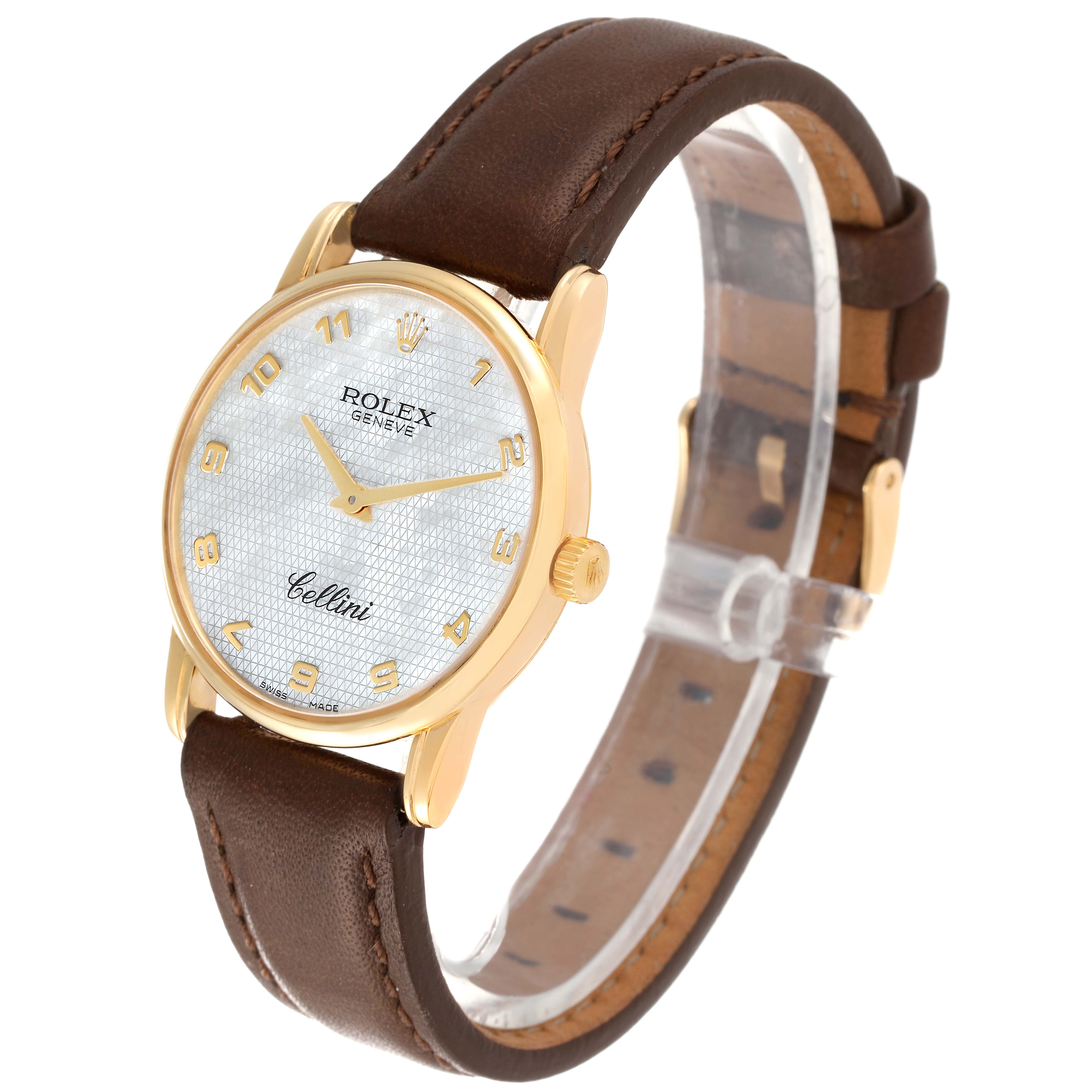 The Rolex Cellini 5116 Men
s Yellow Gold Mother of Pearl Dial 5116 Men
s Yellow Gold Mother of Pearl Dial model watch is shown at a three-quarter angle, highlighting its face, crown, and brown leather strap.