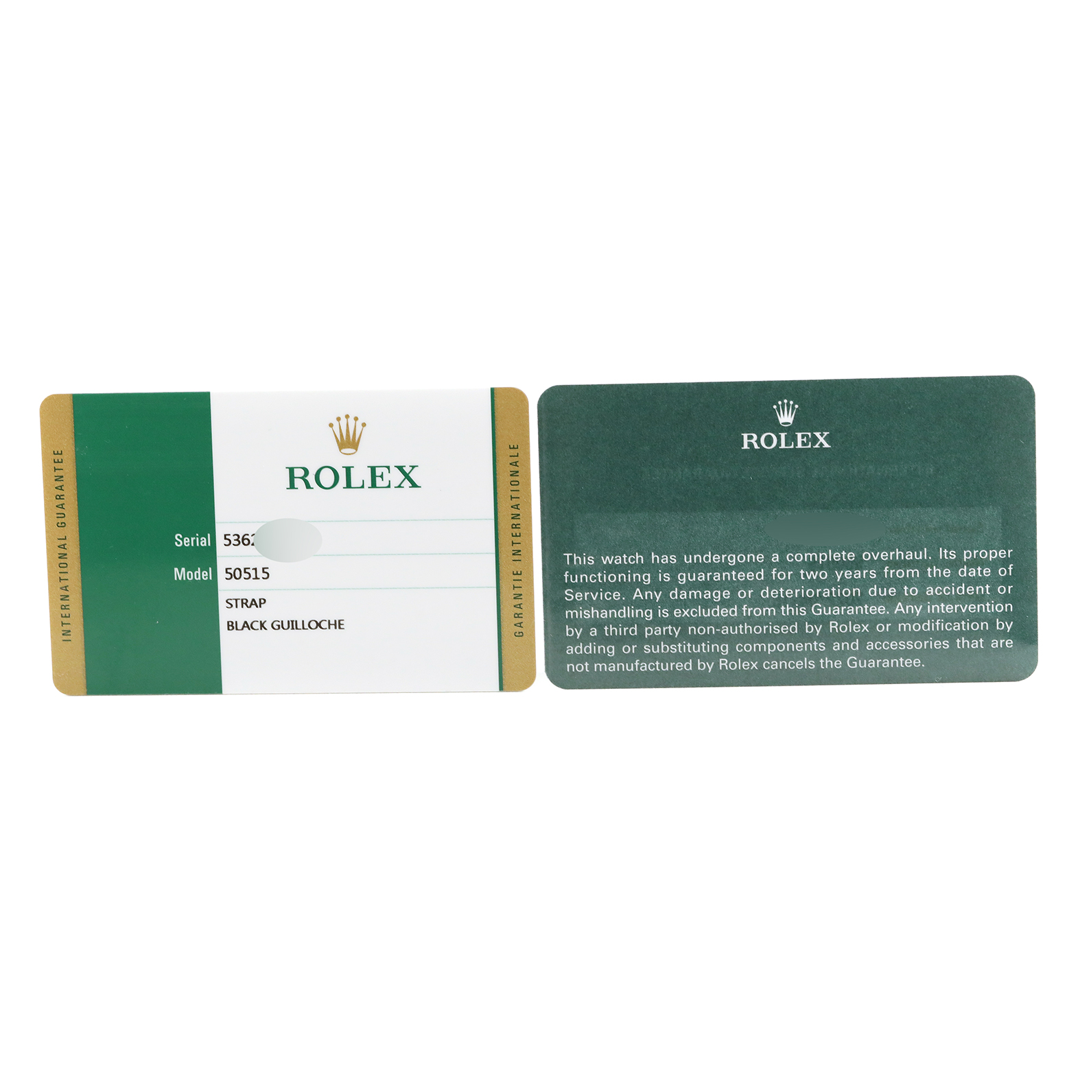 The image shows the warranty card for the Rolex Cellini 50515 Men's Rose Gold Black Dial 50515 Men's Rose Gold Black Dial model, including the serial and model numbers and terms of guarantee.