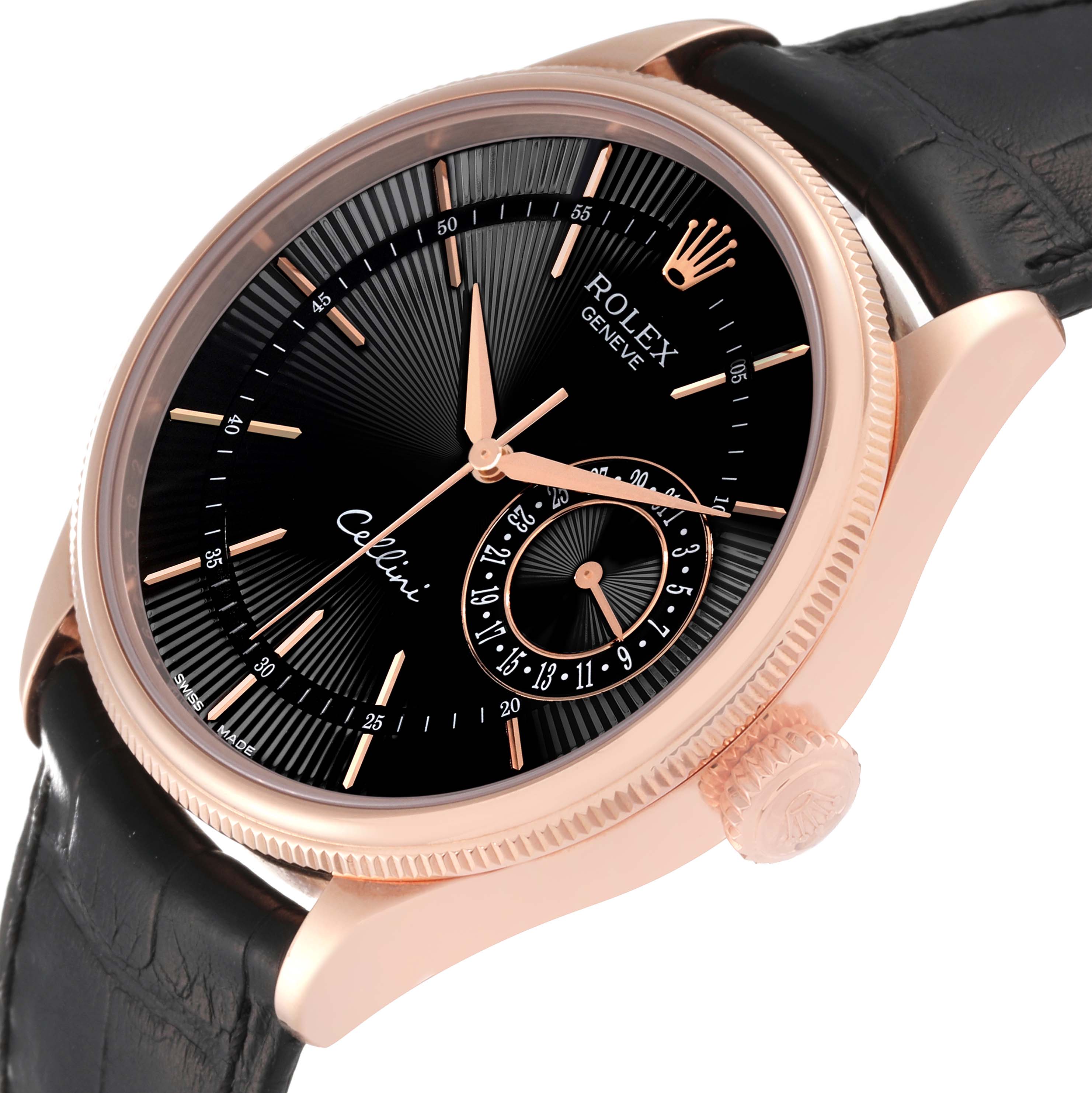 This image shows the Rolex Cellini 50515 Men's Rose Gold Black Dial 50515 Men's Rose Gold Black Dial watch at a three-quarter angle, highlighting its black dial, rose gold case, and black leather strap.