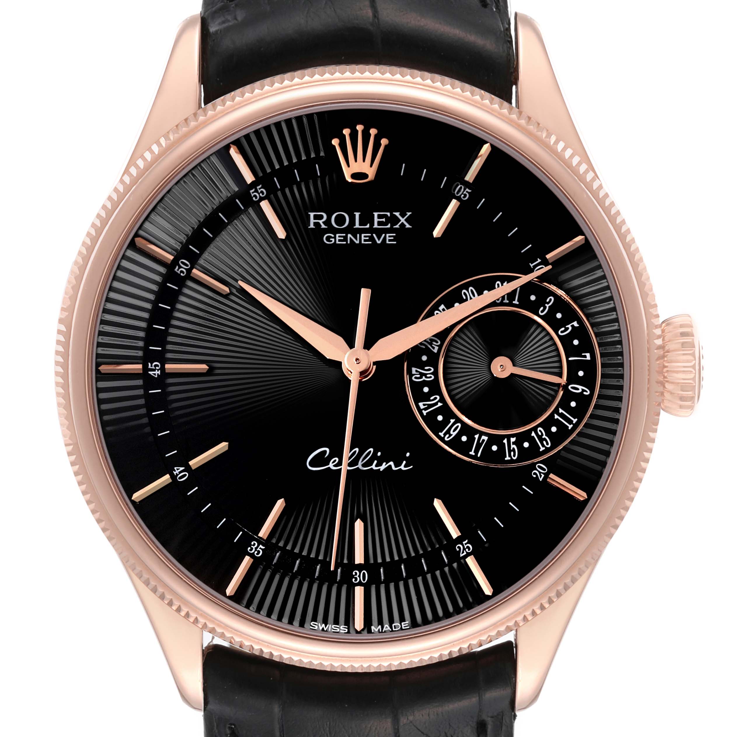 The Rolex Cellini 50515 Men's Rose Gold Black Dial 50515 Men's Rose Gold Black Dial watch is shown from a front angle, displaying the dial, hands, crown, and part of the strap.