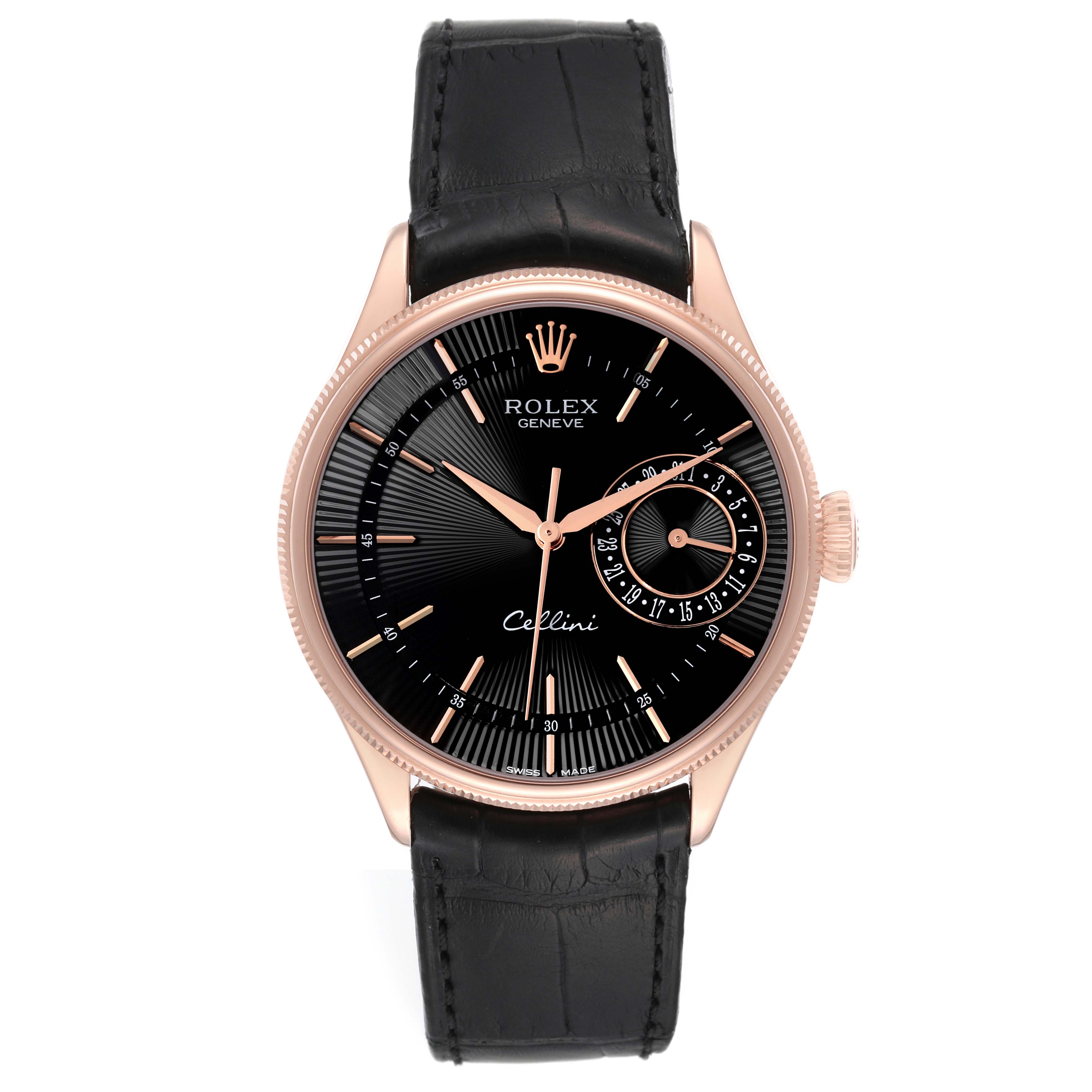 The image shows a frontal view of a Rolex Cellini 50515 Men's Rose Gold Black Dial 50515 Men's Rose Gold Black Dial watch, highlighting its black dial, rose gold case, and black leather strap.