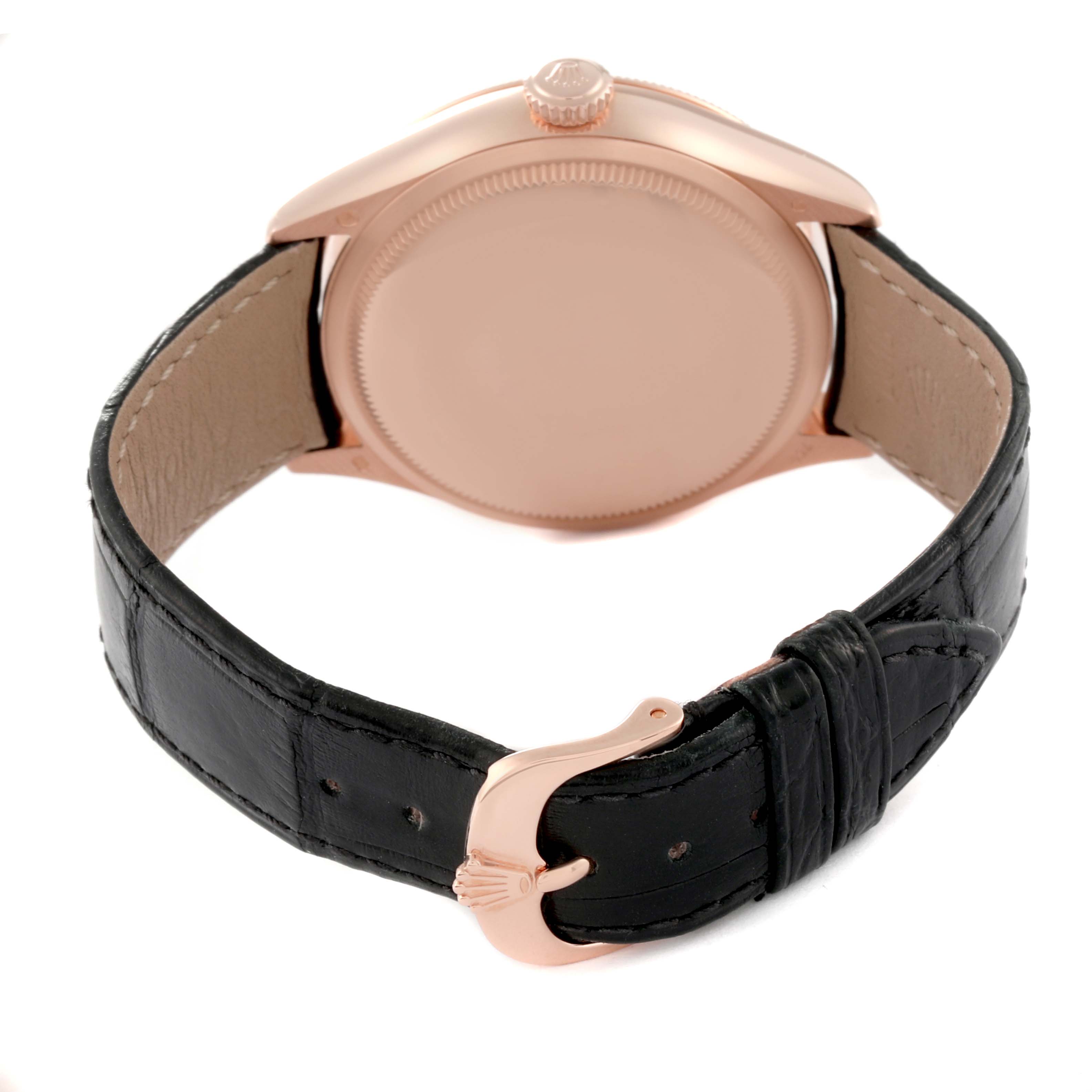The image shows the back view of a Rolex Cellini 50515 Men's Rose Gold Black Dial 50515 Men's Rose Gold Black Dial watch, highlighting the caseback, crown, and leather strap with a buckle.