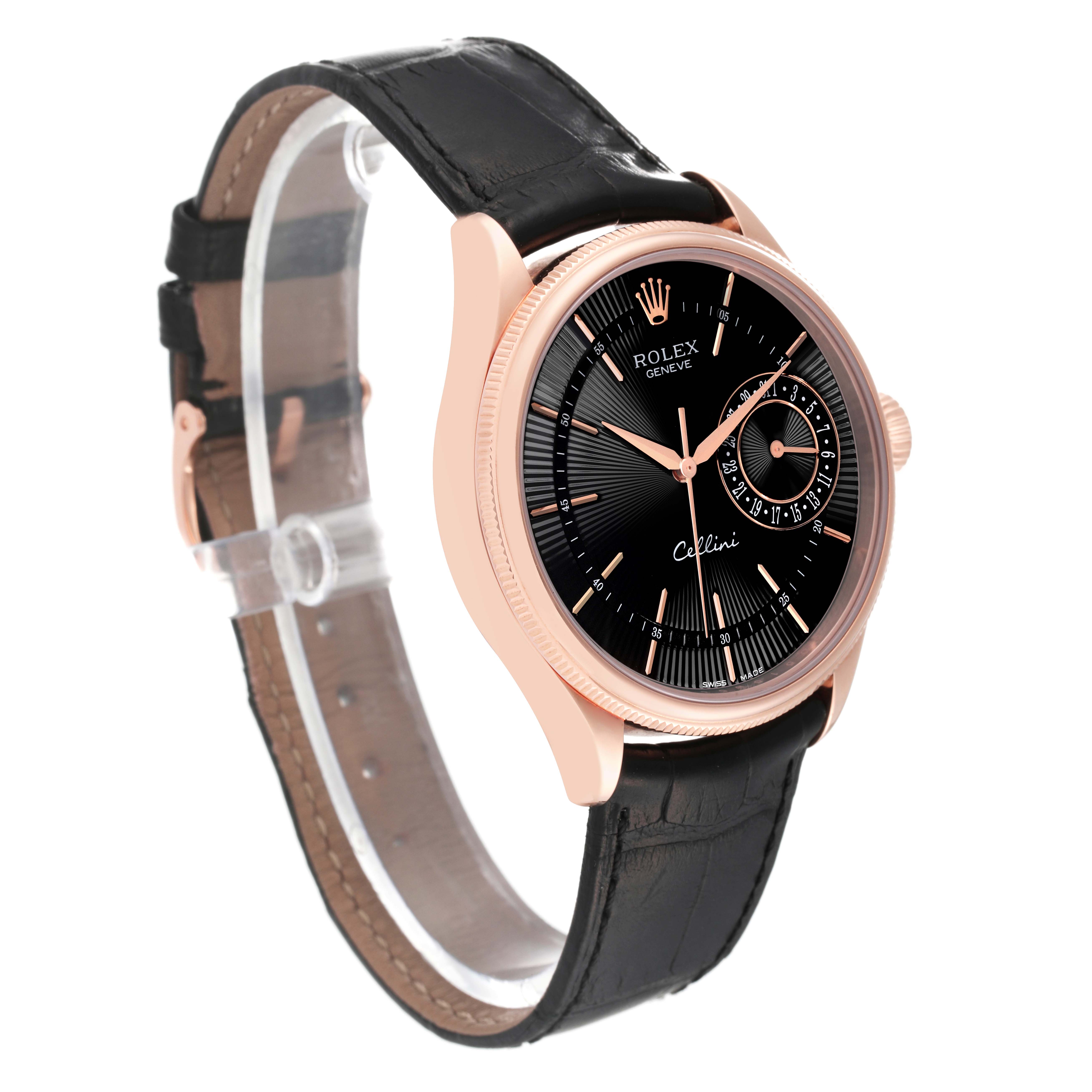 The image shows a side angle of the Rolex Cellini 50515 Men's Rose Gold Black Dial 50515 Men's Rose Gold Black Dial watch, highlighting its black leather strap, black dial, and rose gold case.