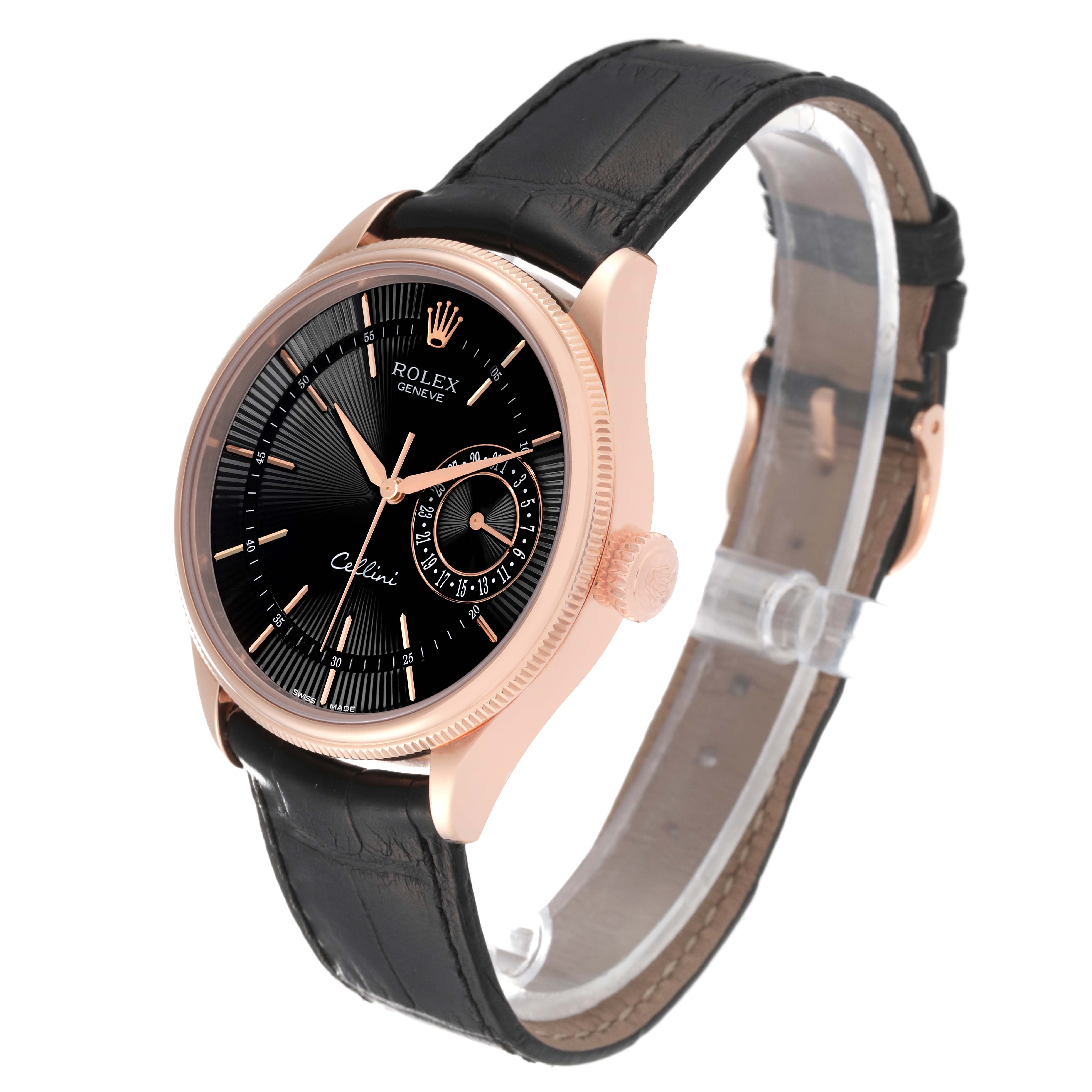 The Rolex Cellini 50515 Men's Rose Gold Black Dial 50515 Men's Rose Gold Black Dial watch is shown at an angle revealing the black dial, rose gold case, and black leather strap.