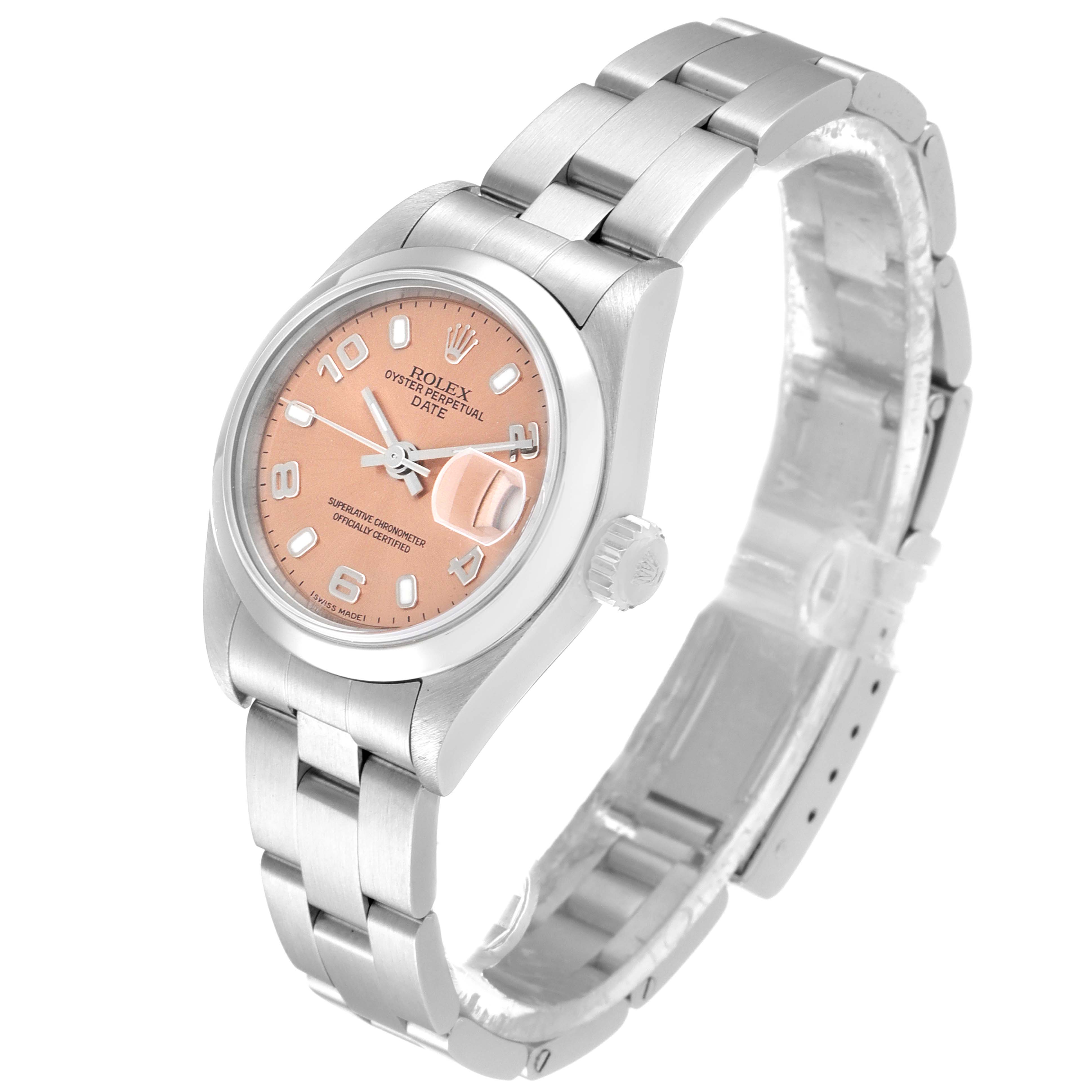 The image shows a Rolex Date 79160 Women
s Stainless Steel Pink Dial 79160 Women
s Stainless Steel Pink Dial model watch at a three-quarter angle, highlighting the dial, bracelet, and crown.