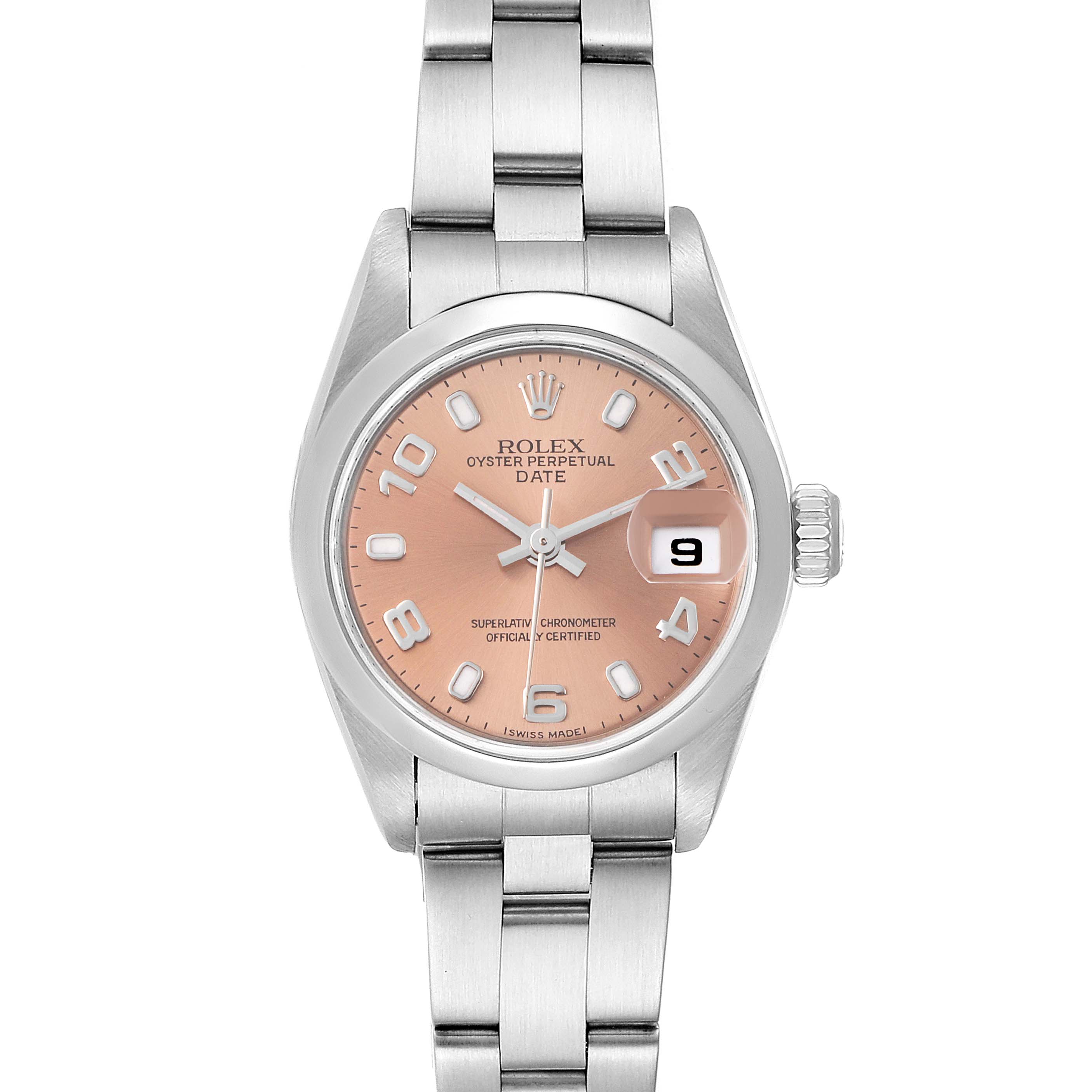 This image shows a front view of a Rolex Oyster Perpetual Date watch, highlighting its dial, case, bracelet, and date window.