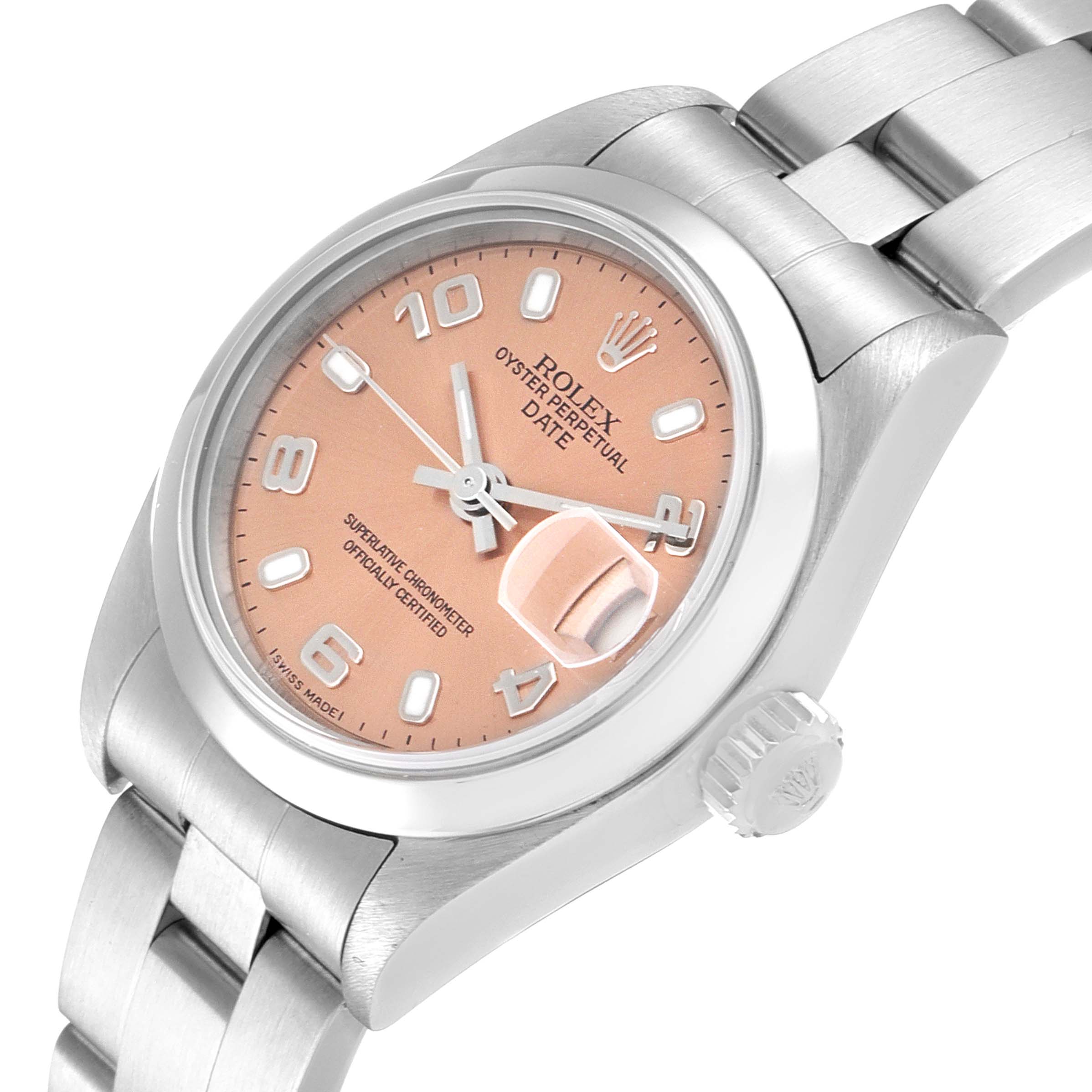 The image shows an angled view of the Rolex Date 79160 Women
s Stainless Steel Pink Dial 79160 Women
s Stainless Steel Pink Dial model watch, highlighting the face, bezel, crown, and part of the bracelet.