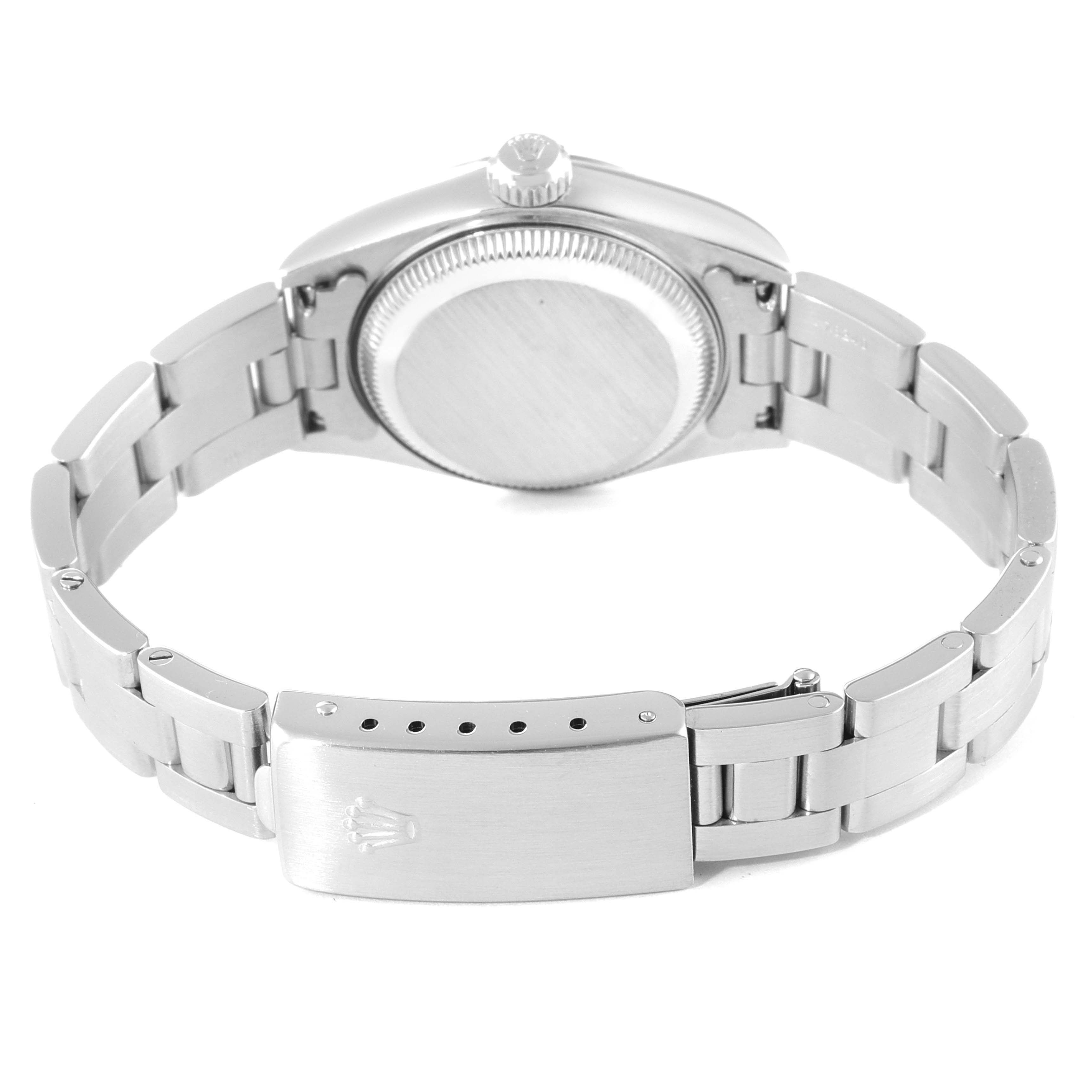 This image shows the back case, bracelet, and clasp of a Rolex Date 79160 Women
s Stainless Steel Pink Dial 79160 Women
s Stainless Steel Pink Dial model watch.