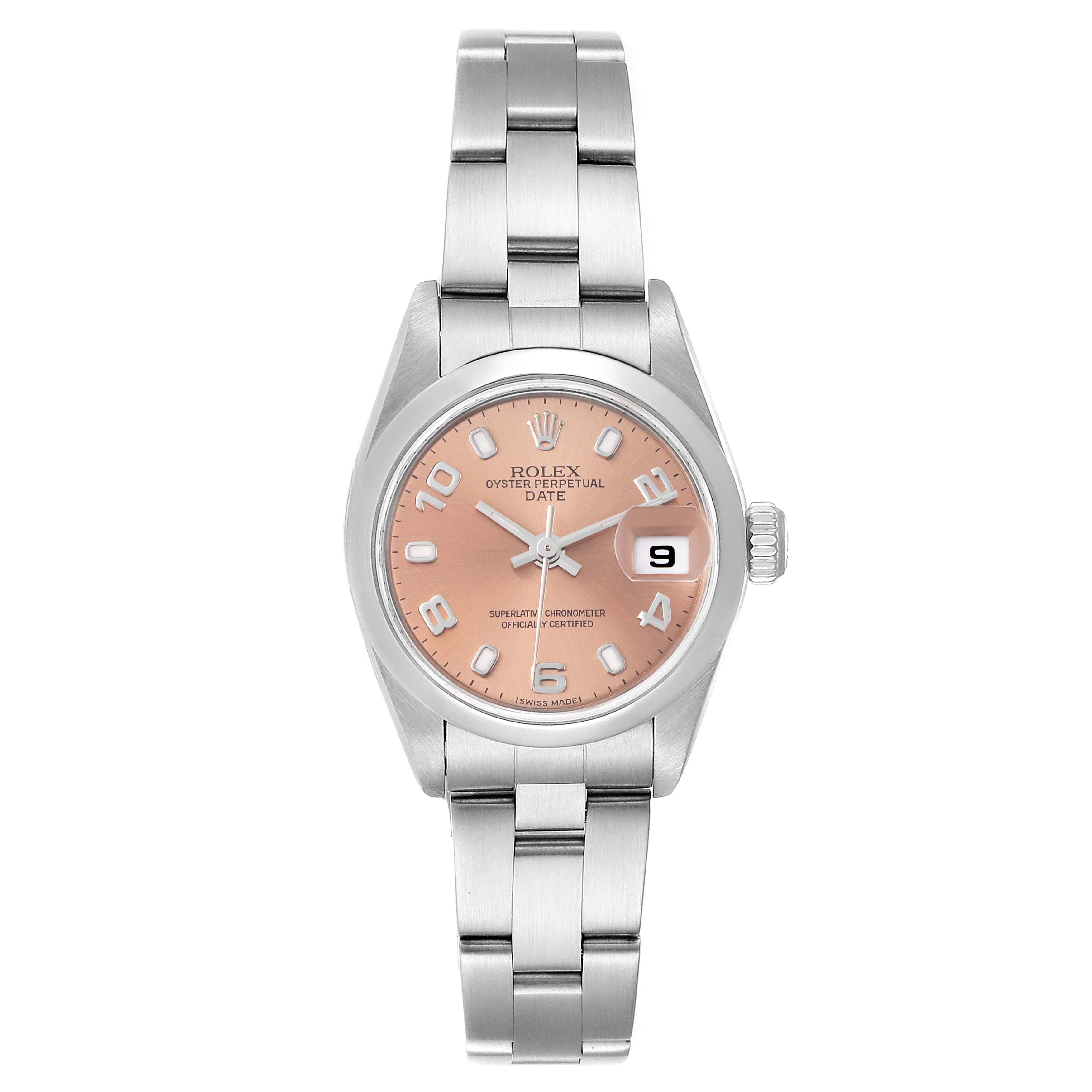 This is a front view of a Rolex Date 79160 Women
s Stainless Steel Pink Dial 79160 Women
s Stainless Steel Pink Dial model watch showcasing its dial, hands, date window, and bracelet.