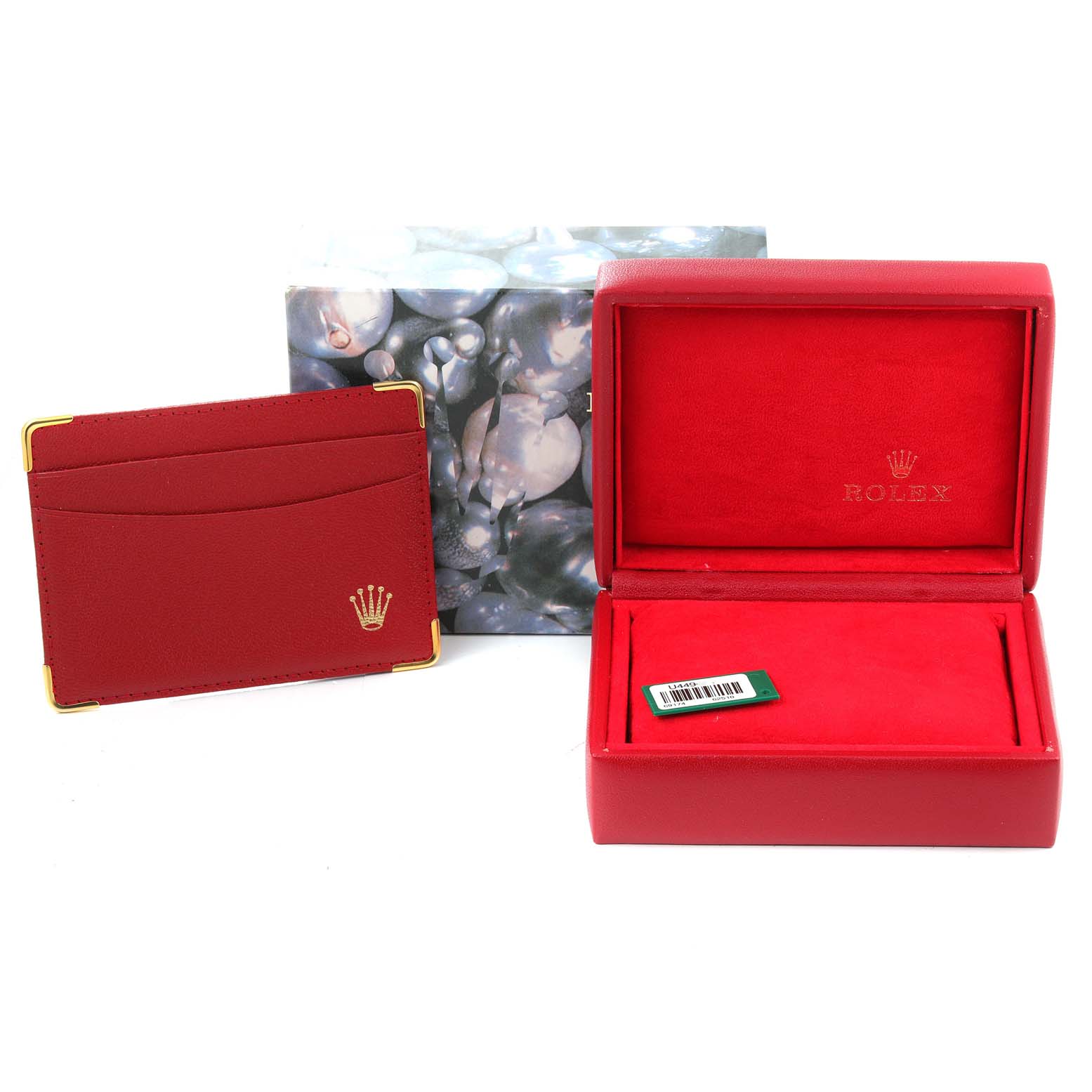 The image shows the red Rolex Date 79160 Women
s Stainless Steel Pink Dial 79160 Women
s Stainless Steel Pink Dial model watch box, cardholder, and outer decorative box.