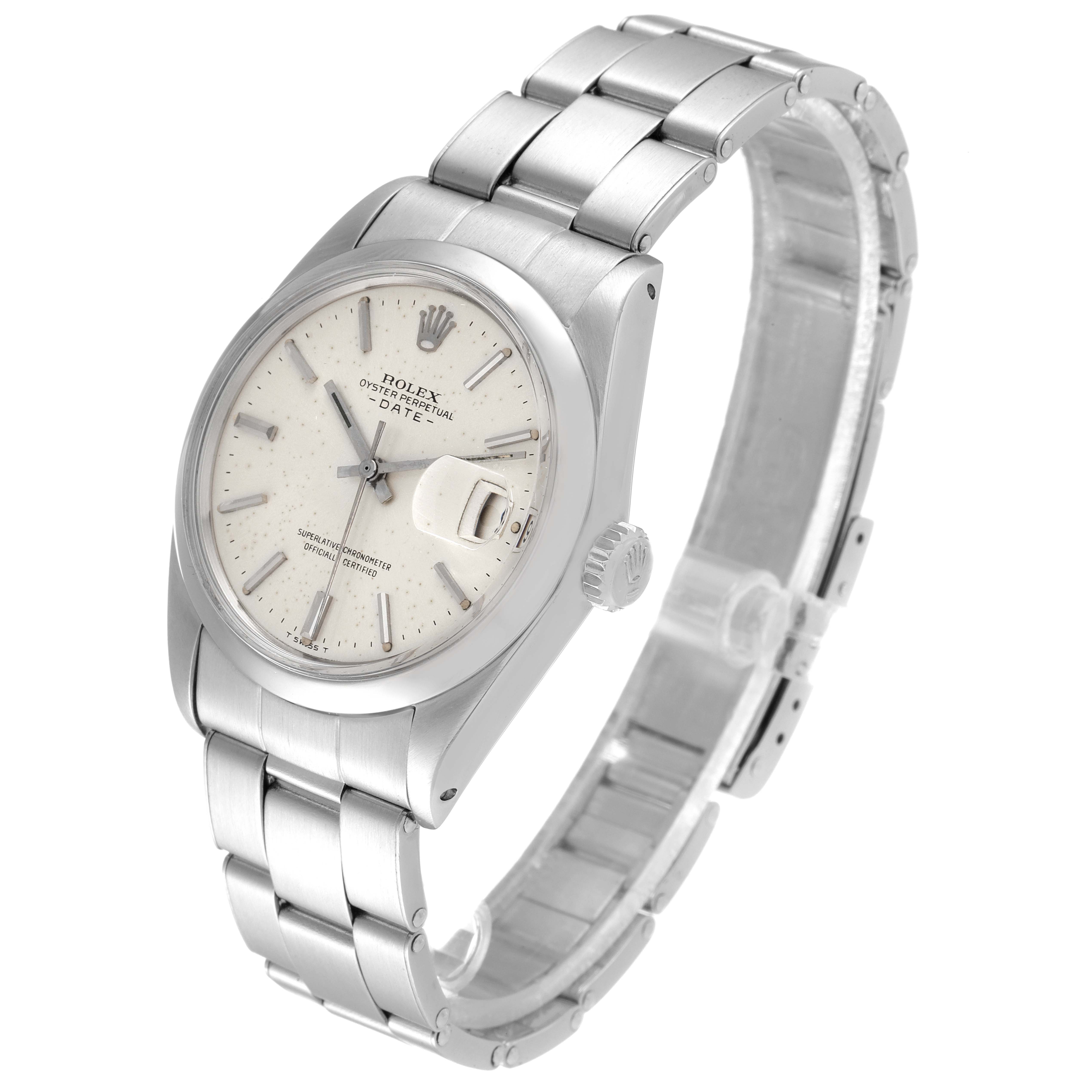 Side angle view of a Rolex Vintage Collection 1500 Men
s Stainless Steel Silver Dial 1500 Men
s Stainless Steel Silver Dial watch showing the dial, bracelet, and crown.