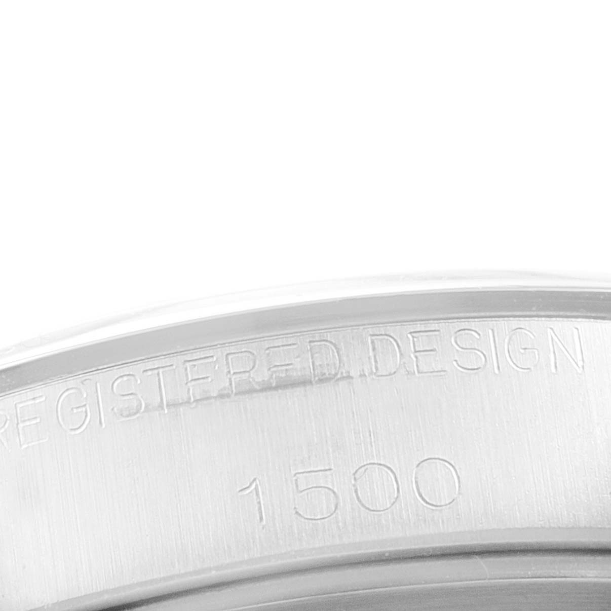 This image shows a close-up of the engraved bezel on the Rolex Vintage Collection 1500 Men
s Stainless Steel Silver Dial 1500 Men
s Stainless Steel Silver Dial model 1500.