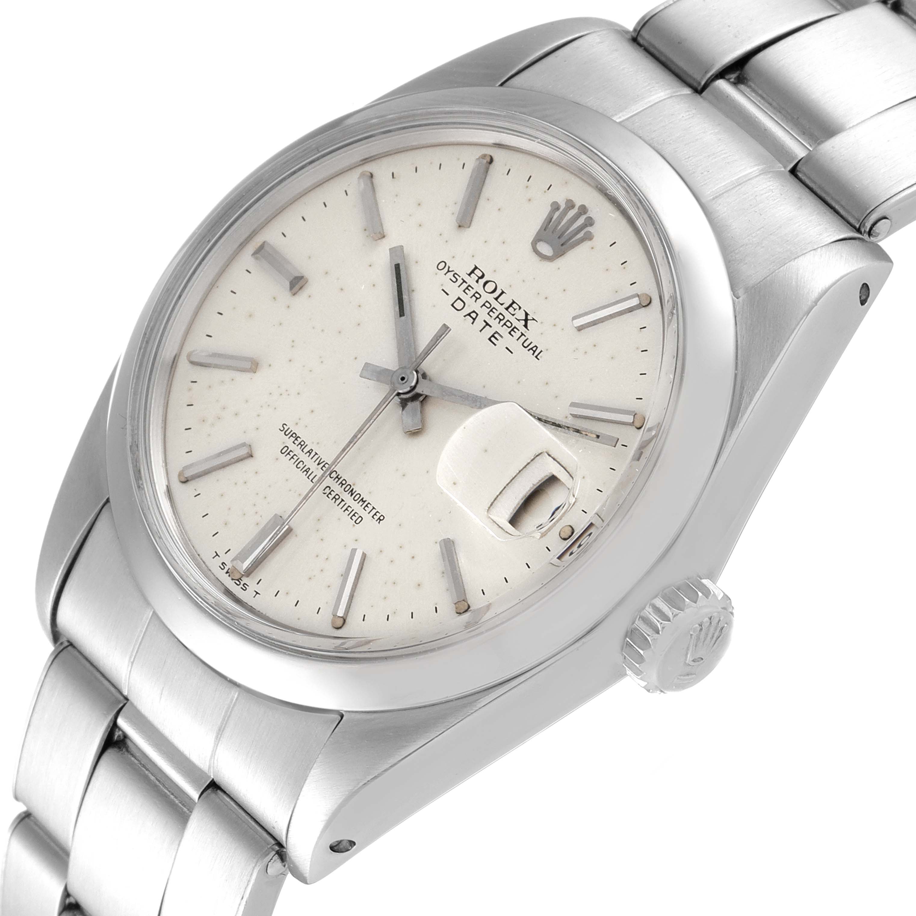 The image shows a Rolex Vintage Collection 1500 Men
s Stainless Steel Silver Dial 1500 Men
s Stainless Steel Silver Dial watch at a near-45-degree angle, highlighting the dial, crown, and part of the bracelet.