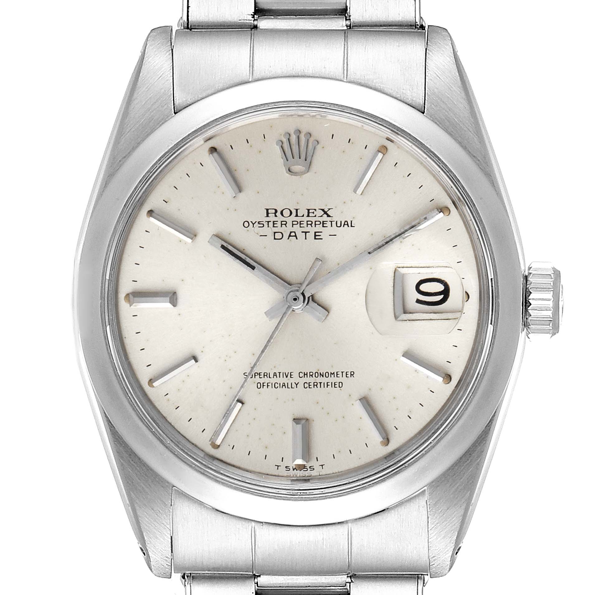 The image shows the Rolex Vintage Collection 1500 Men
s Stainless Steel Silver Dial 1500 Men
s Stainless Steel Silver Dial model from a front angle, highlighting the dial, crown, and part of the bracelet.