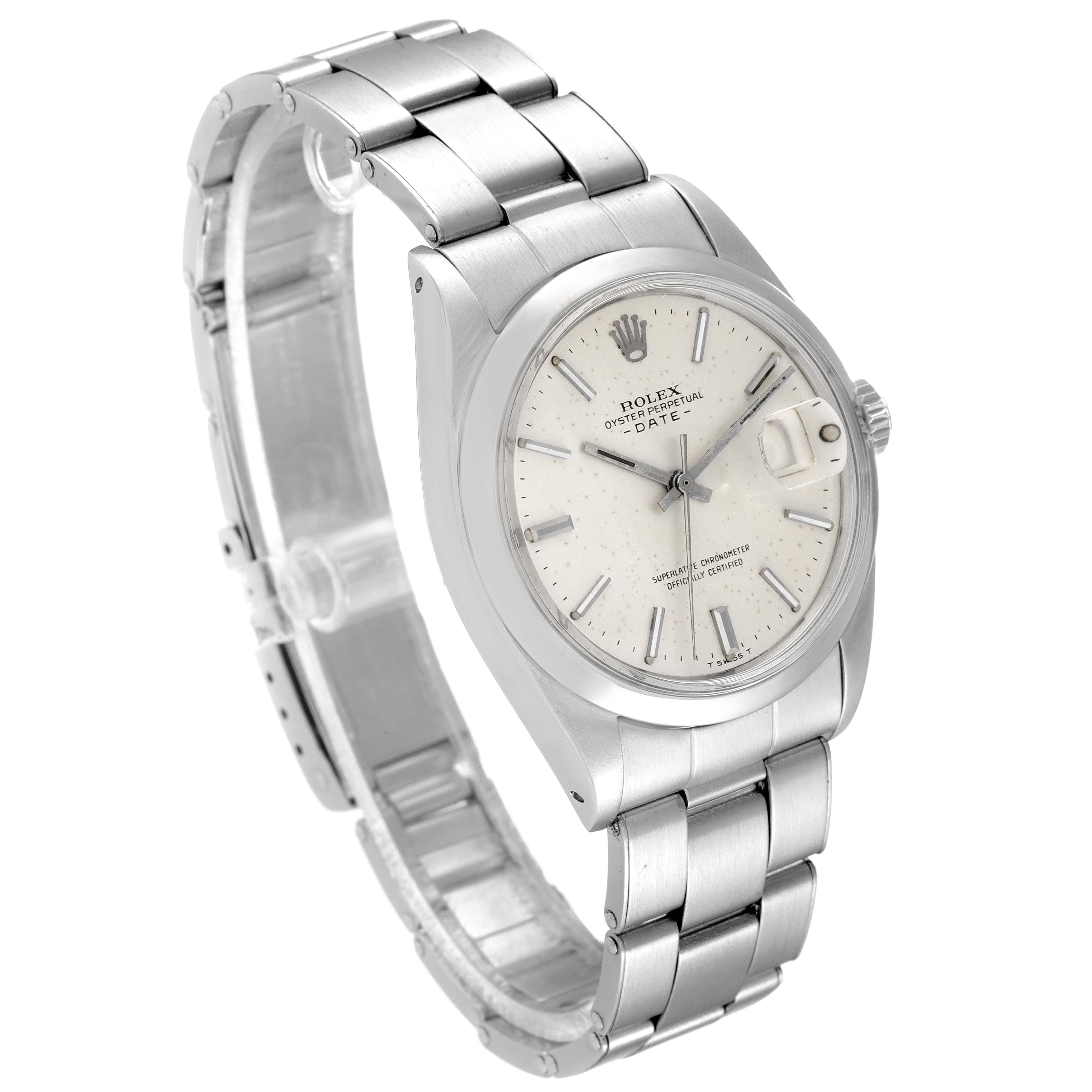 This image features a Rolex Vintage Collection 1500 Men
s Stainless Steel Silver Dial 1500 Men
s Stainless Steel Silver Dial watch showing the full face, bezel, crown, and stainless steel bracelet at an angled view.