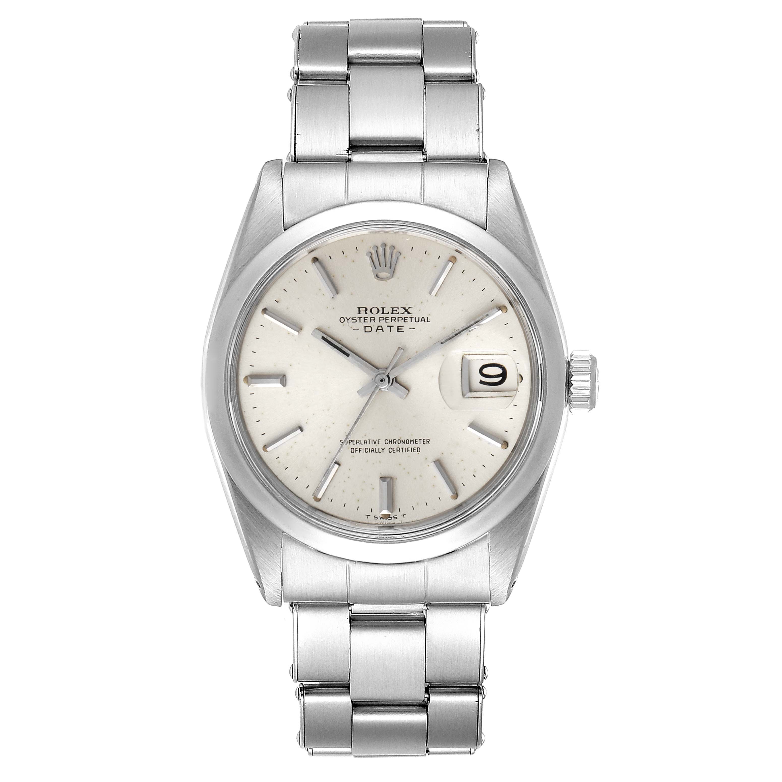 The image shows a Rolex Vintage Collection 1500 Men
s Stainless Steel Silver Dial 1500 Men
s Stainless Steel Silver Dial Oyster Perpetual Date watch, displaying the face, bezel, crown, and bracelet from the front.
