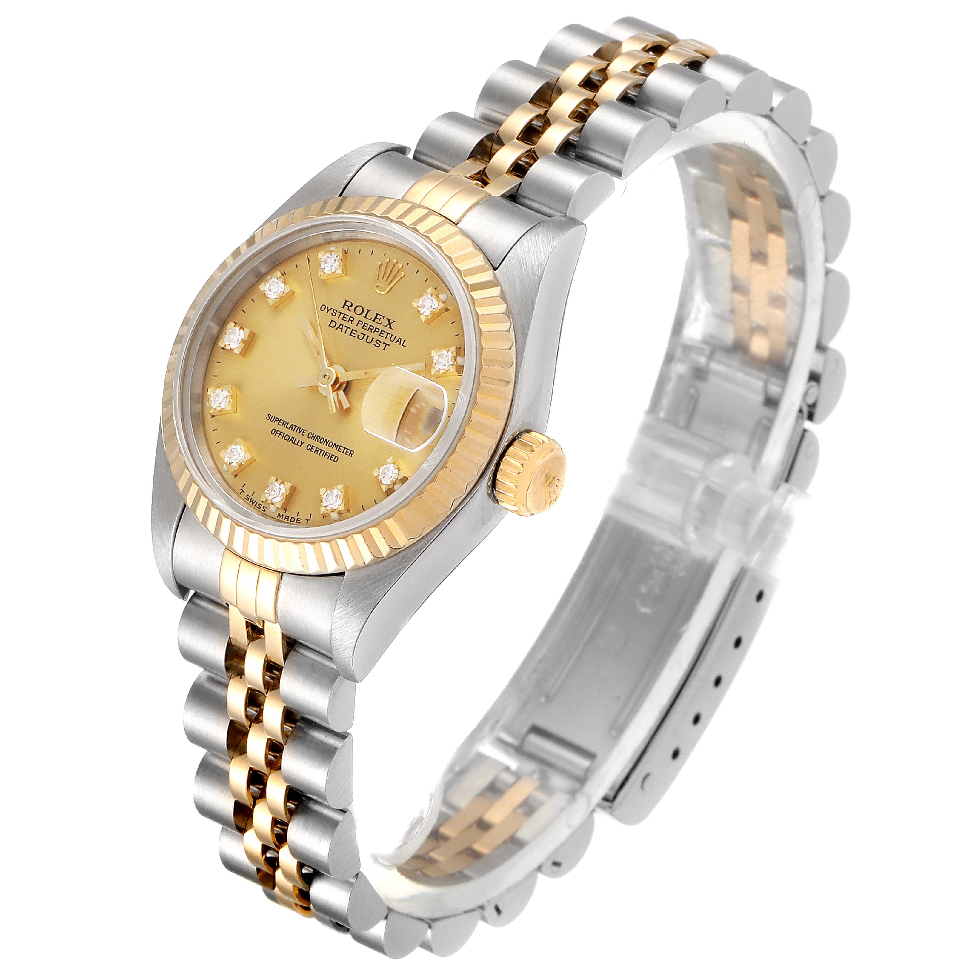 The image shows a Rolex Datejust 69173 Women
s Steel and Gold (two tone) Champagne Dial 69173 Women
s Steel and Gold (two tone) Champagne Dial watch at a three-quarter front angle, highlighting its dial, bezel, and two-tone bracelet.