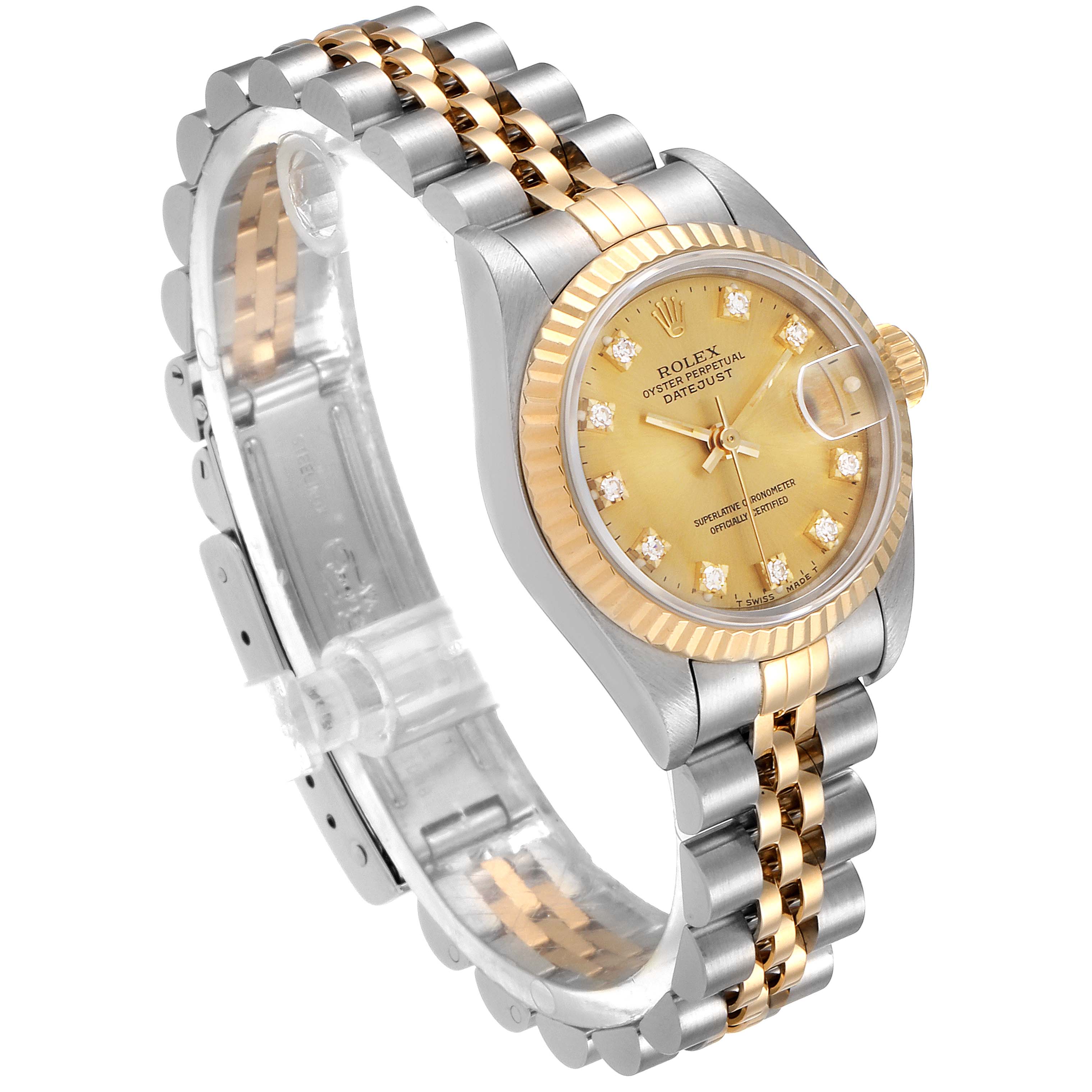 This image shows a Rolex Datejust 69173 Women
s Steel and Gold (two tone) Champagne Dial 69173 Women
s Steel and Gold (two tone) Champagne Dial watch at a three-quarter angle, highlighting the dial, bezel, and two-tone bracelet.