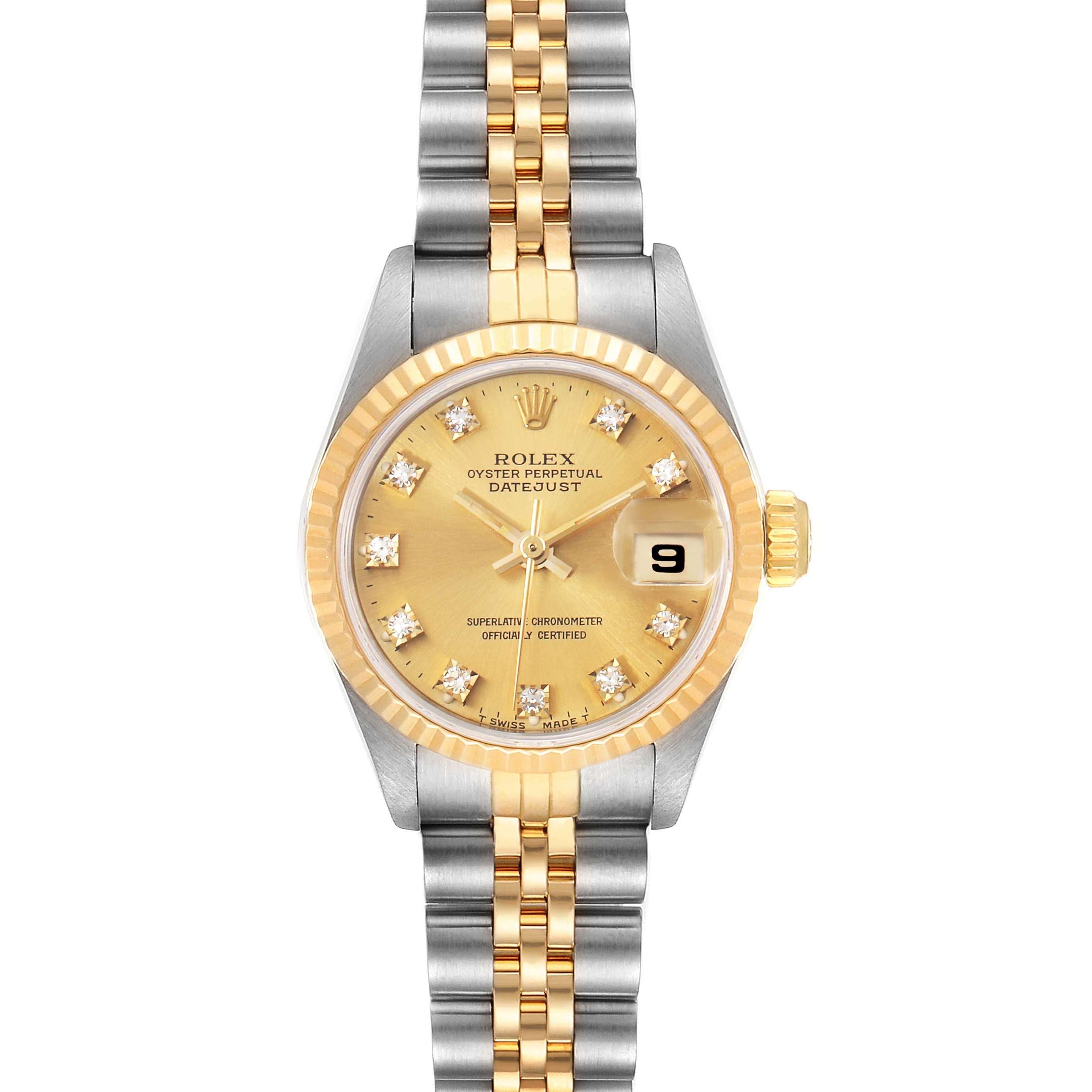 This image shows a front view of the Rolex Datejust 69173 Women
s Steel and Gold (two tone) Champagne Dial 69173 Women
s Steel and Gold (two tone) Champagne Dial watch, displaying the dial, bezel, crown, and bracelet.