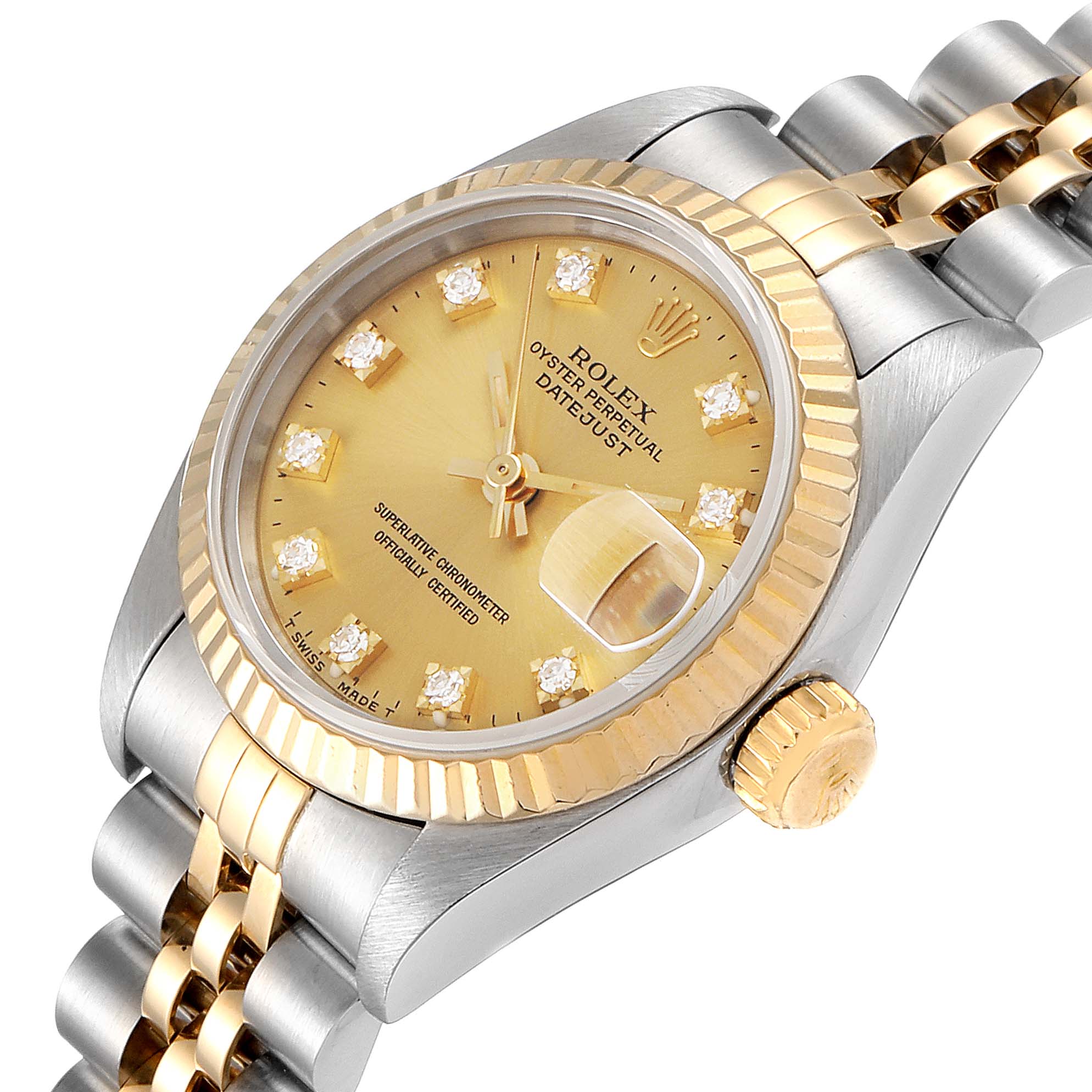 The image shows the Rolex Datejust 69173 Women
s Steel and Gold (two tone) Champagne Dial 69173 Women
s Steel and Gold (two tone) Champagne Dial watch at an oblique angle, highlighting the dial, crown, and two-tone bracelet.