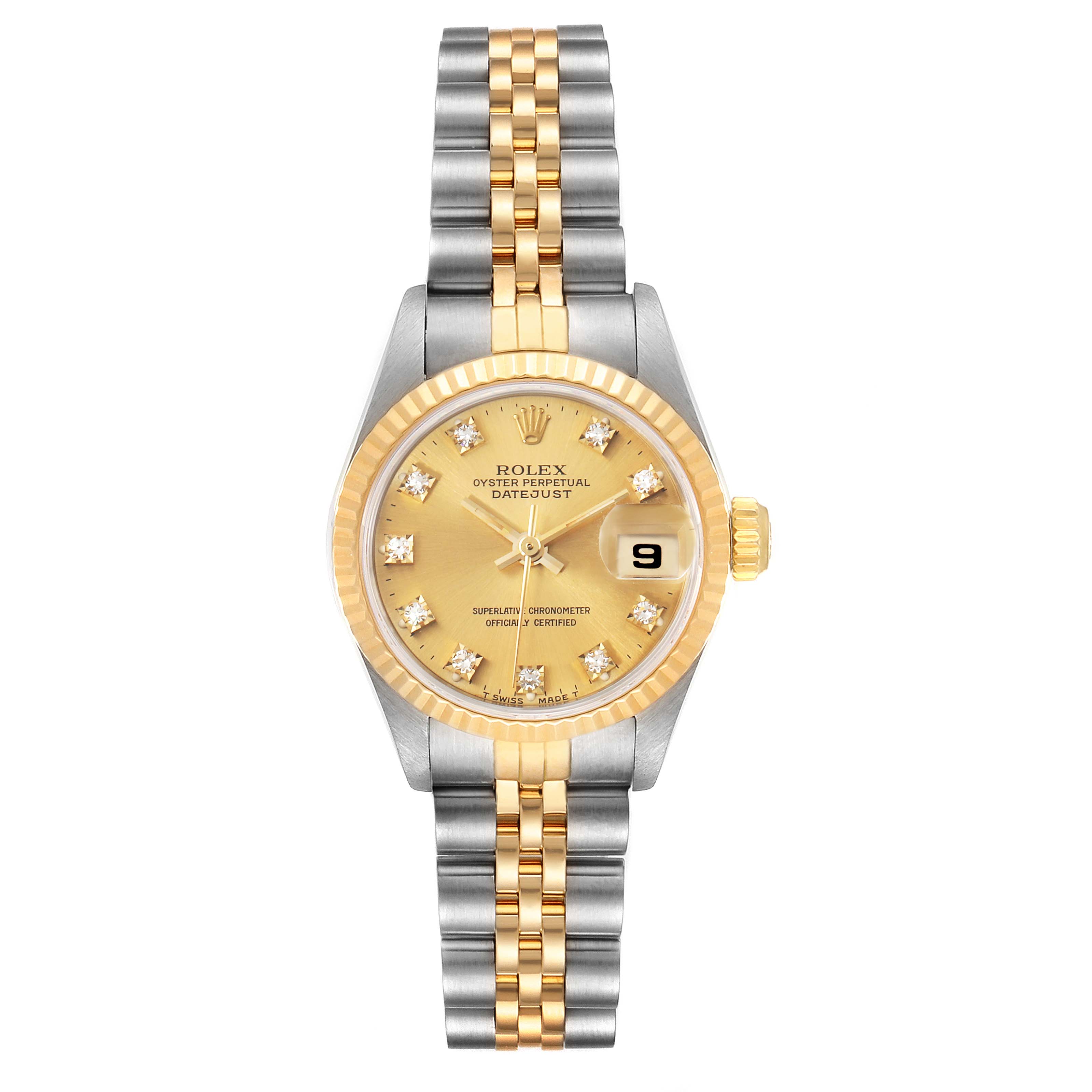 The Rolex Datejust 69173 Women
s Steel and Gold (two tone) Champagne Dial 69173 Women
s Steel and Gold (two tone) Champagne Dial watch is shown from a front angle, displaying the face, bezel, and bracelet.