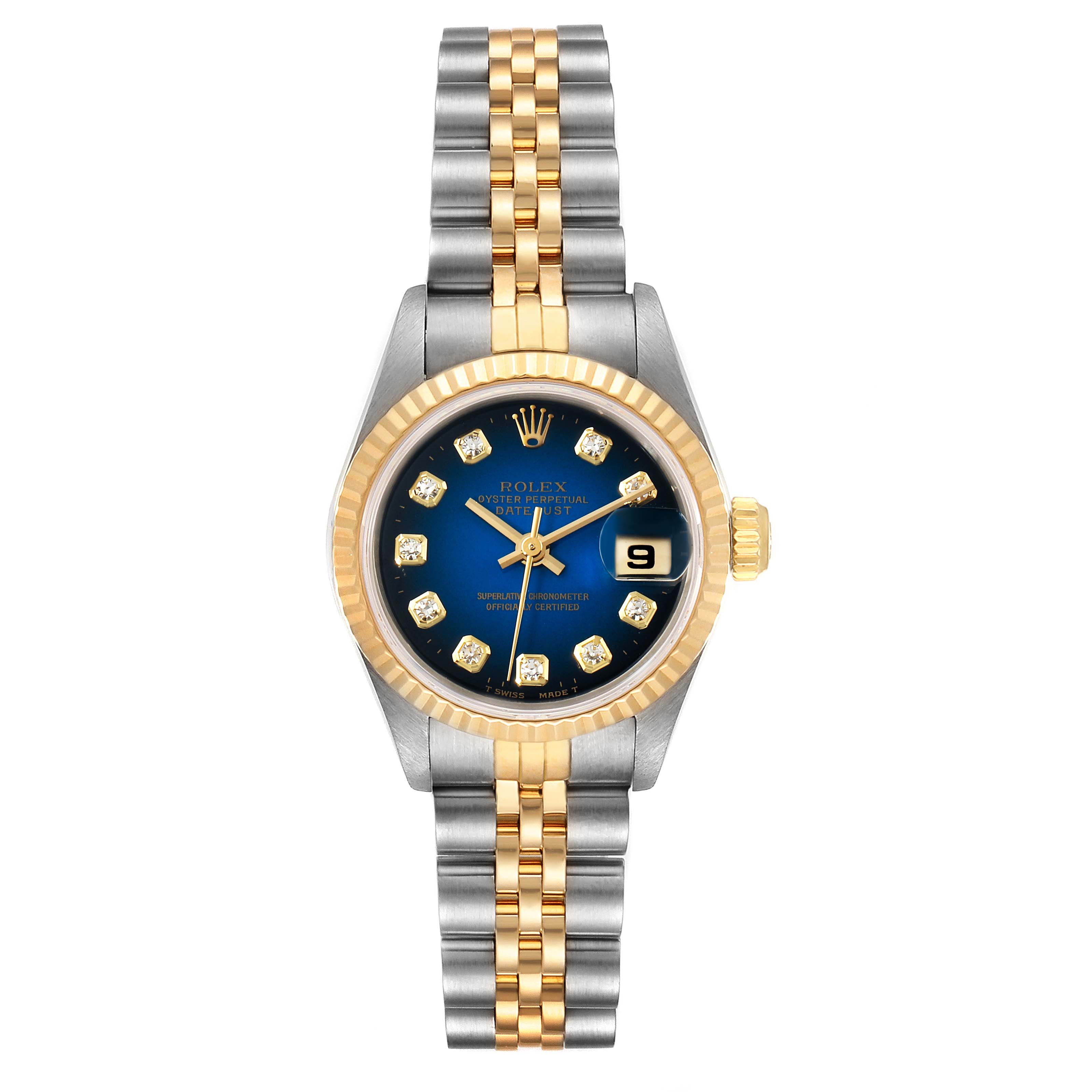 The image shows a front view of a Rolex Datejust 69173 Women
s Steel and Gold (two tone) Blue Dial 69173 Women
s Steel and Gold (two tone) Blue Dial watch with a two-tone Jubilee bracelet, blue dial, diamond hour markers, and a date window.