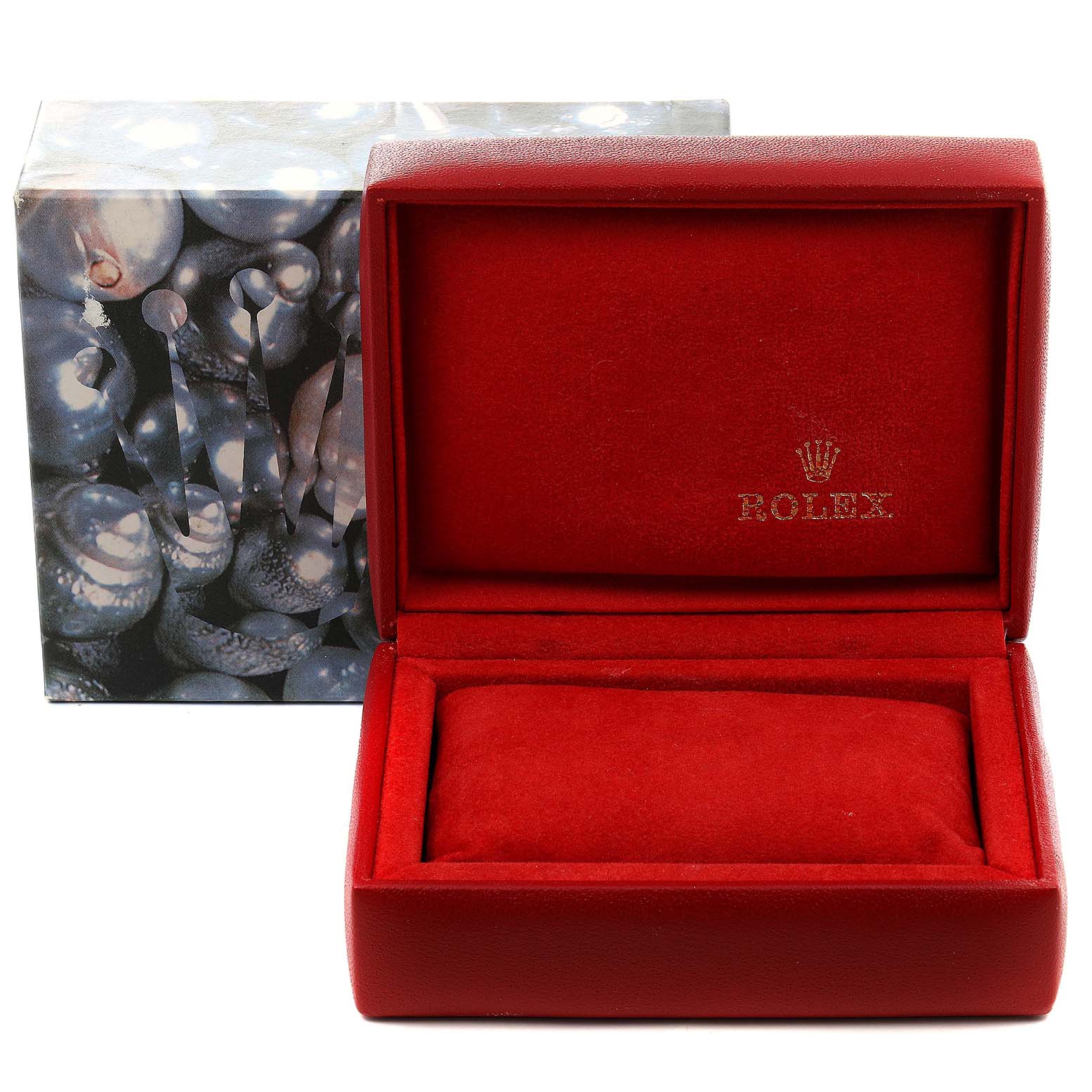 This image shows a Rolex Datejust 69173 Women
s Steel and Gold (two tone) Blue Dial 69173 Women
s Steel and Gold (two tone) Blue Dial watch box and outer packaging at a front angle.