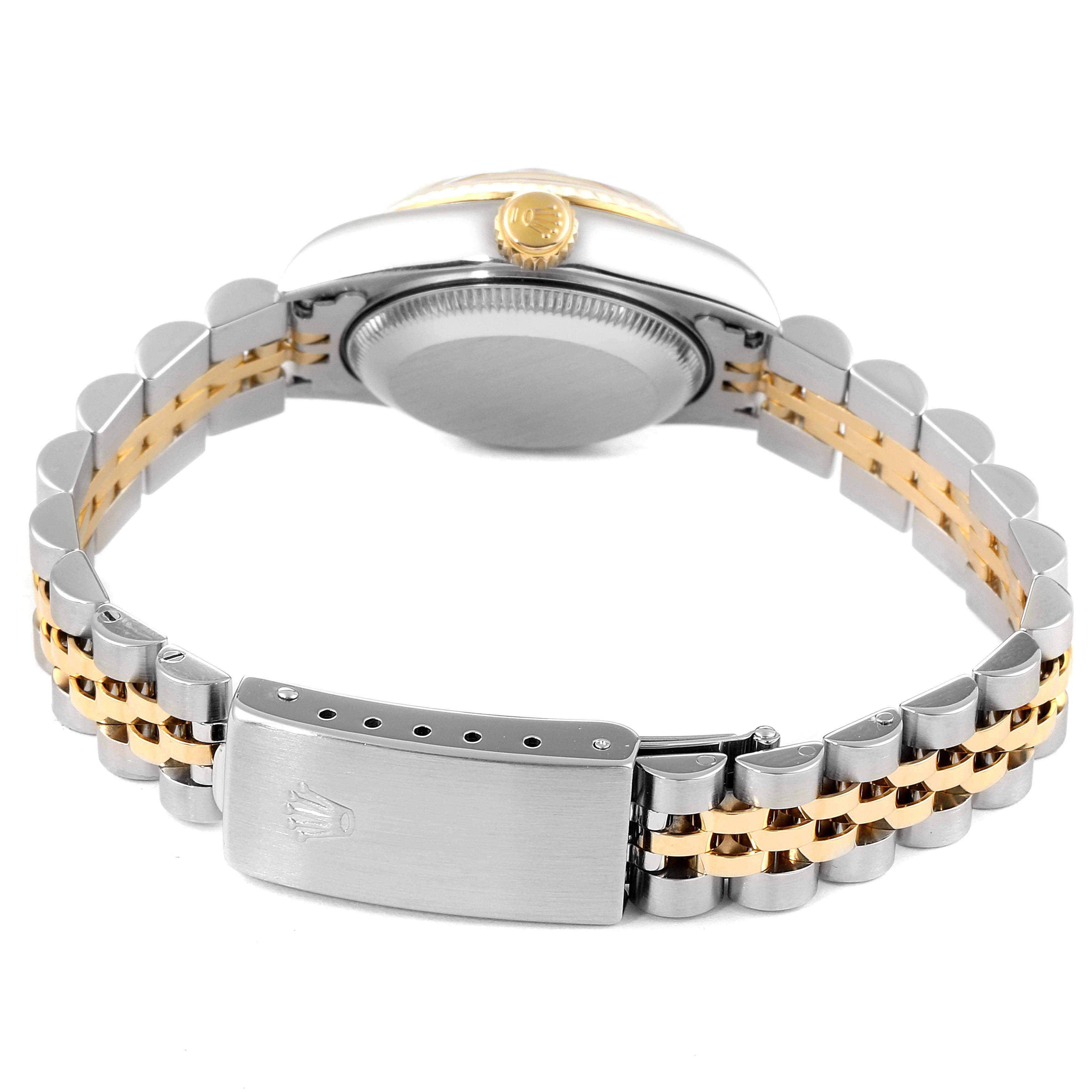 The image shows the back and side view of a Rolex Datejust 69173 Women
s Steel and Gold (two tone) Blue Dial 69173 Women
s Steel and Gold (two tone) Blue Dial watch, highlighting its two-tone bracelet and clasp.