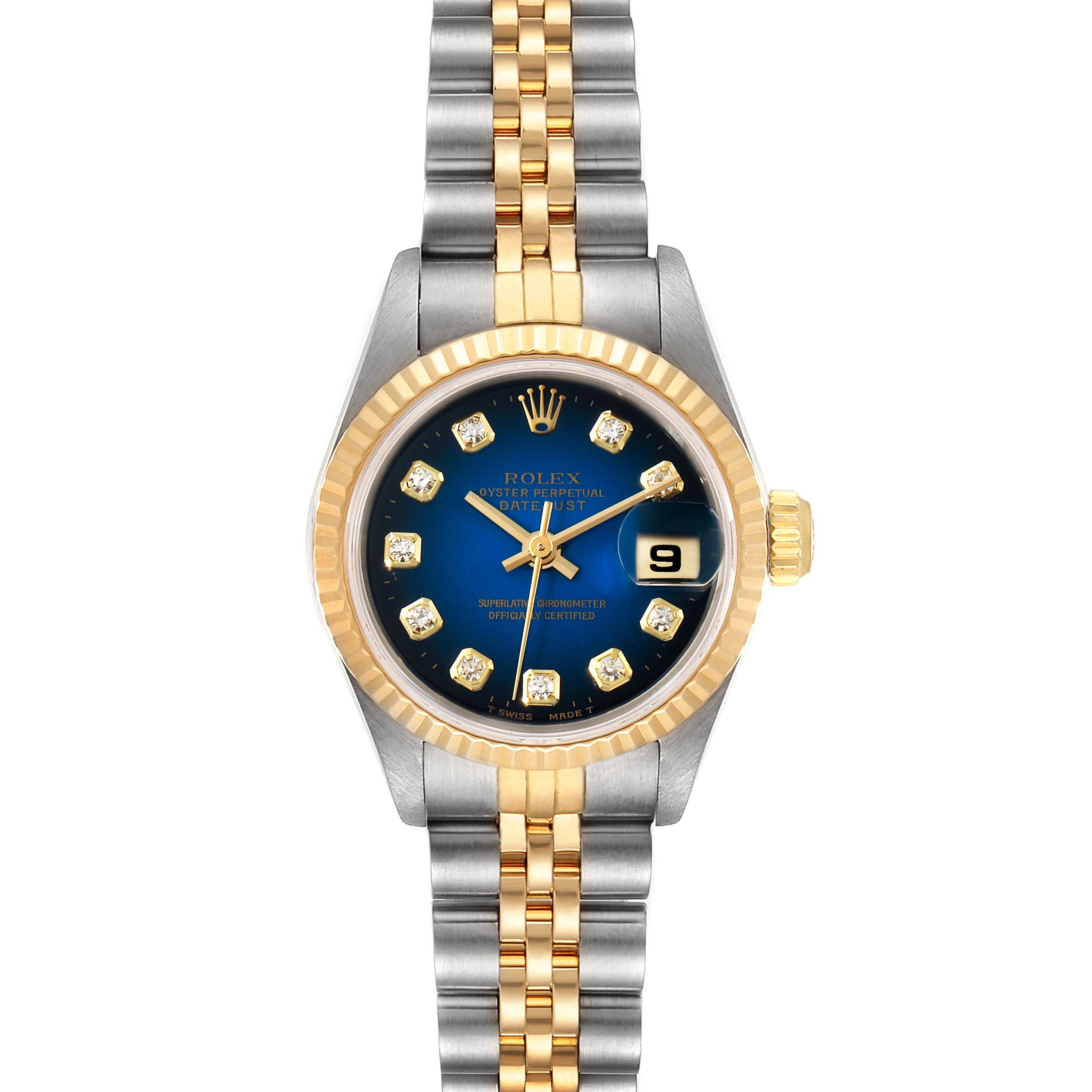 The image shows a Rolex Datejust 69173 Women
s Steel and Gold (two tone) Blue Dial 69173 Women
s Steel and Gold (two tone) Blue Dial watch from a front view, displaying its face, bezel, and bracelet.