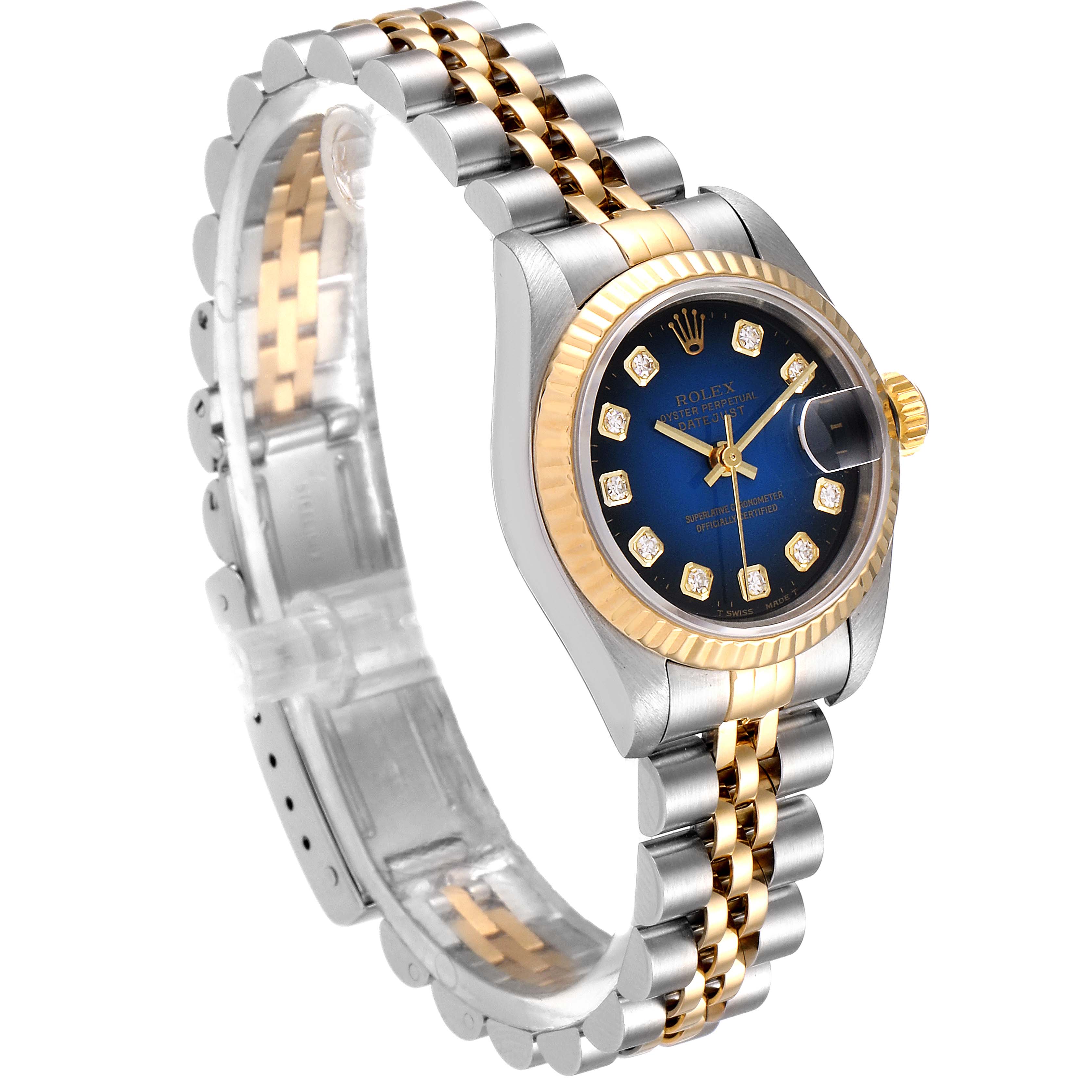 This image shows the side and front angle of a Rolex Datejust 69173 Women
s Steel and Gold (two tone) Blue Dial 69173 Women
s Steel and Gold (two tone) Blue Dial watch, highlighting its jubilee bracelet and fluted bezel.