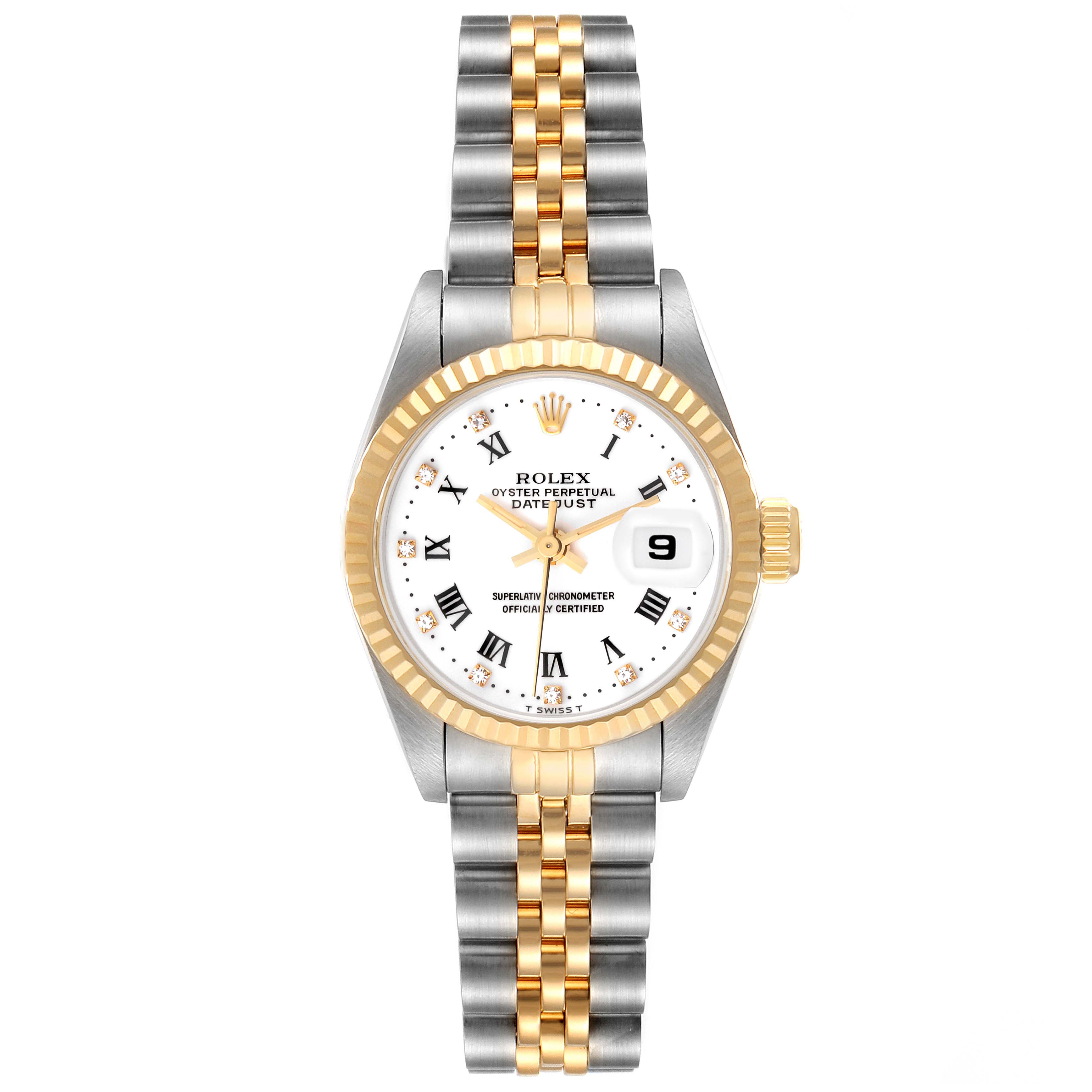 The Rolex Datejust 69173 Women's Steel and Gold (two tone) White Dial 69173 Women's Steel and Gold (two tone) White Dial watch is shown from a top-down angle, displaying the dial, bezel, crown, and bracelet.