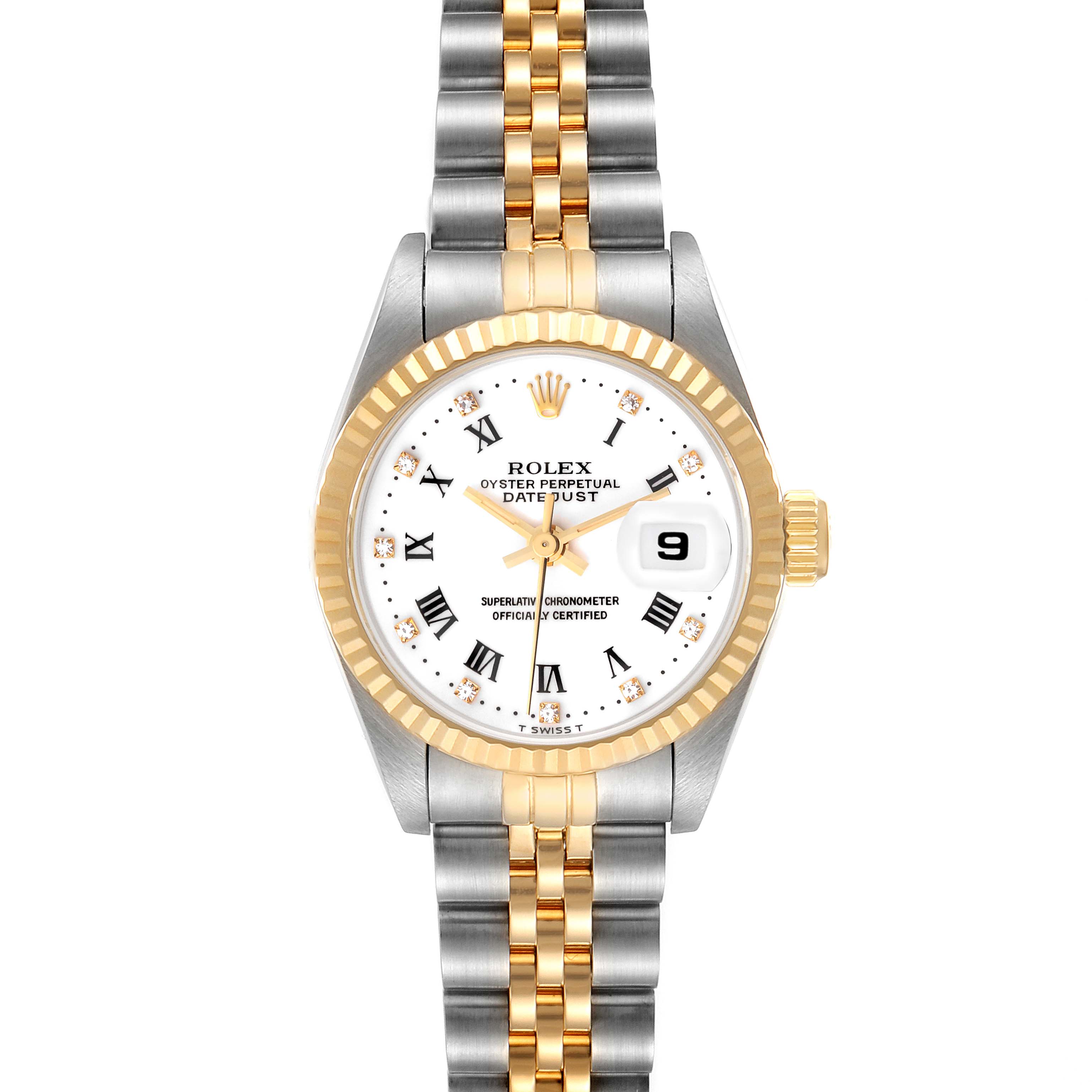 This is a front view of a Rolex Datejust 69173 Women's Steel and Gold (two tone) White Dial 69173 Women's Steel and Gold (two tone) White Dial watch, showcasing the dial, bezel, and two-tone bracelet.