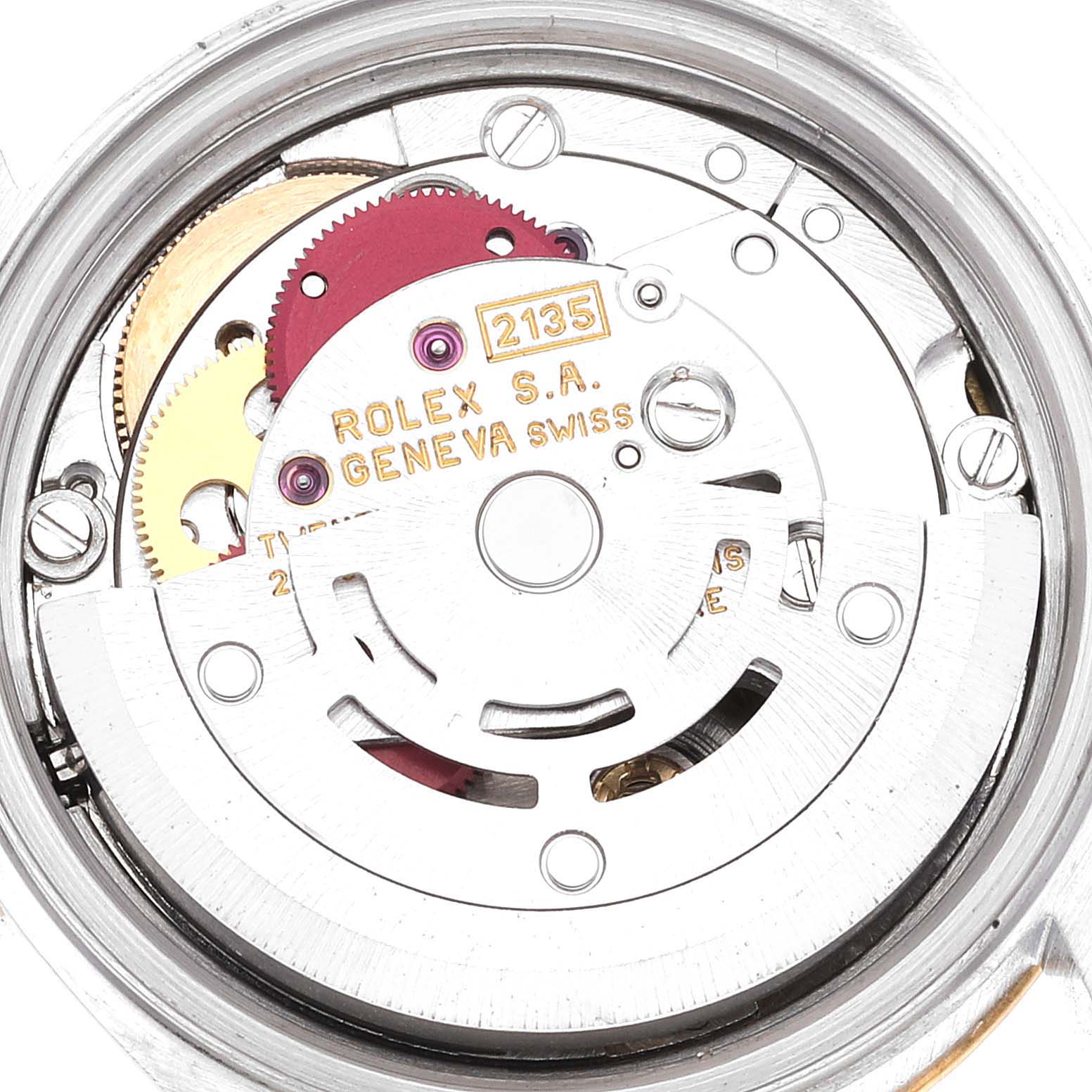 The image shows the internal mechanism and movement parts of a Rolex Datejust 69173 Women's Steel and Gold (two tone) White Dial 69173 Women's Steel and Gold (two tone) White Dial watch, viewed from the back.