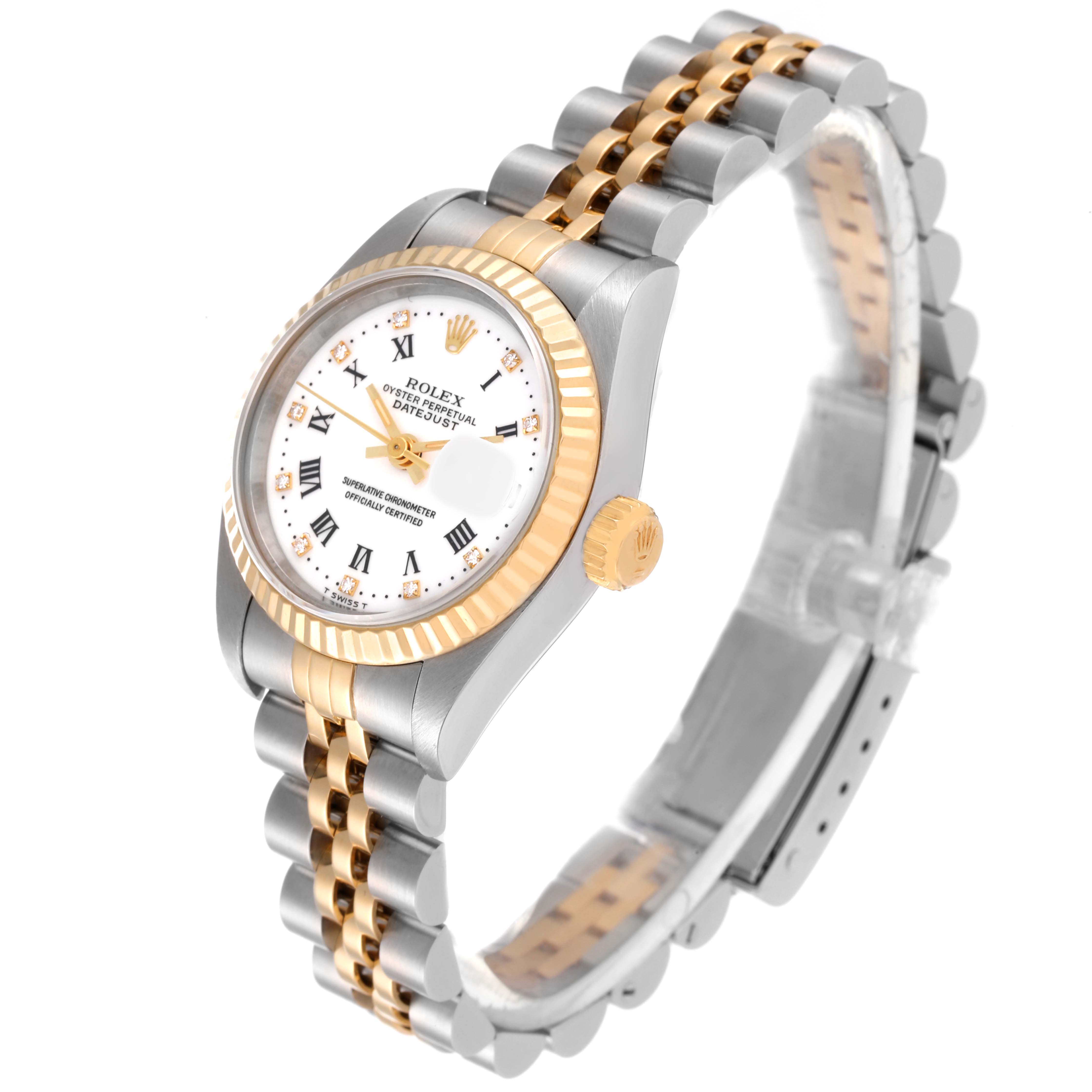 The image shows a Rolex Datejust 69173 Women's Steel and Gold (two tone) White Dial 69173 Women's Steel and Gold (two tone) White Dial watch angled to display the watch face and two-tone band clearly.