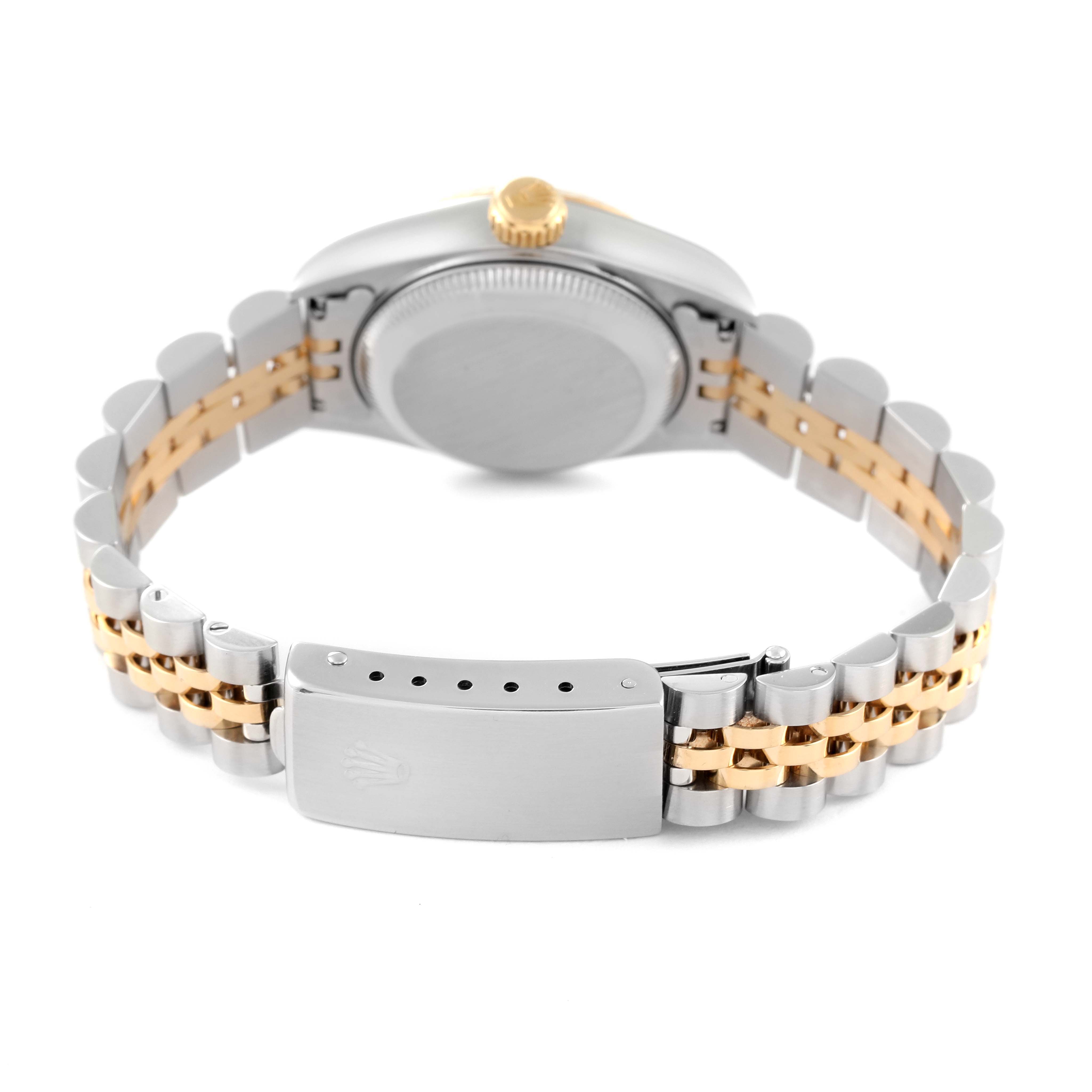 The image shows the back side of a Rolex Datejust 69173 Women's Steel and Gold (two tone) White Dial 69173 Women's Steel and Gold (two tone) White Dial watch, highlighting its case, crown, and the two-tone metal bracelet with a clasp.