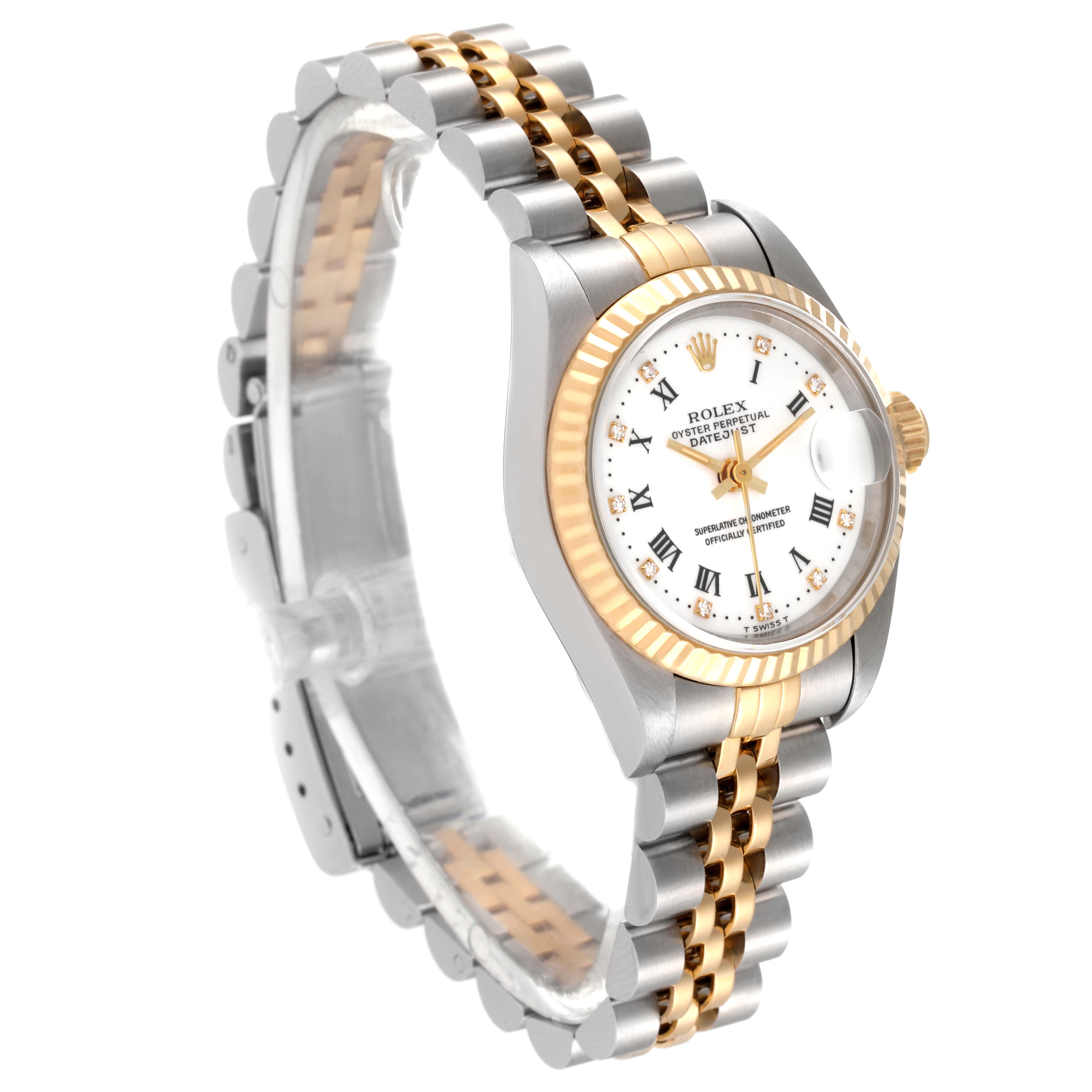 The Rolex Datejust 69173 Women's Steel and Gold (two tone) White Dial 69173 Women's Steel and Gold (two tone) White Dial watch is shown at a three-quarter angle, highlighting its face, fluted bezel, and two-tone bracelet.