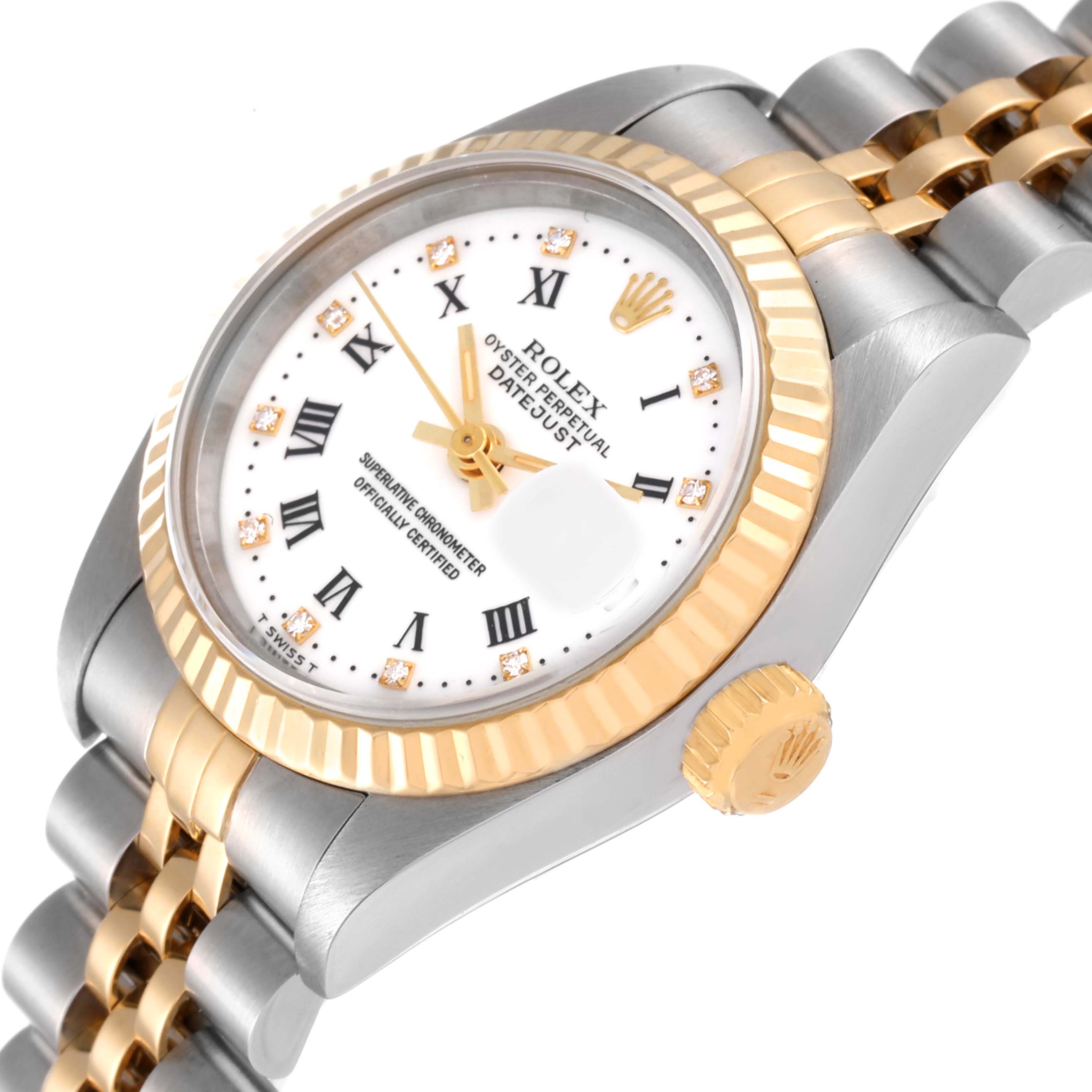 This image shows a close-up angle of the Rolex Datejust 69173 Women's Steel and Gold (two tone) White Dial 69173 Women's Steel and Gold (two tone) White Dial watch, highlighting the face, bezel, crown, and part of the bracelet.