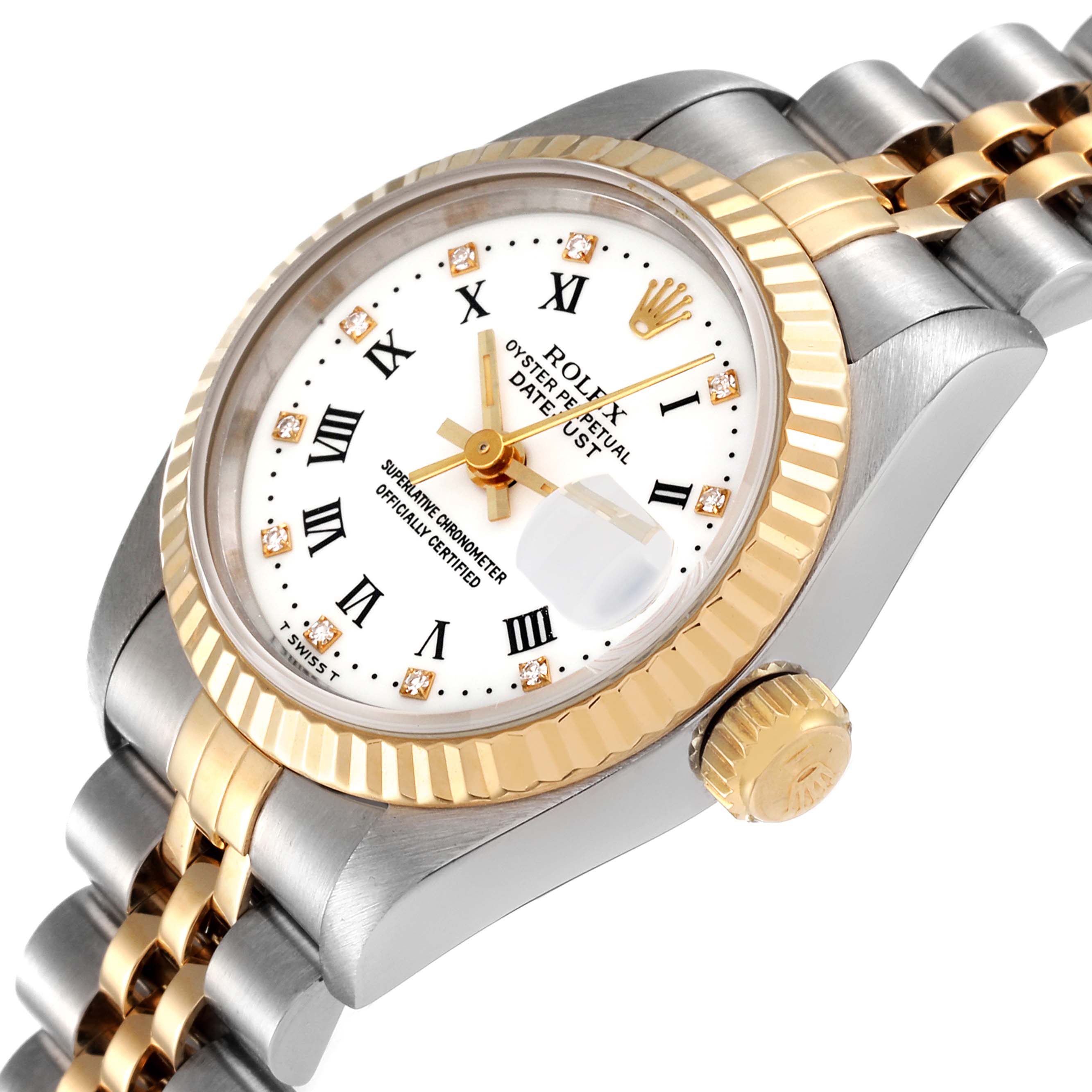 The image shows a Rolex Datejust 69173 Women's Steel and Gold (two tone) White Dial 69173 Women's Steel and Gold (two tone) White Dial watch at an angled side view, highlighting the dial, bezel, crown, and bracelet.