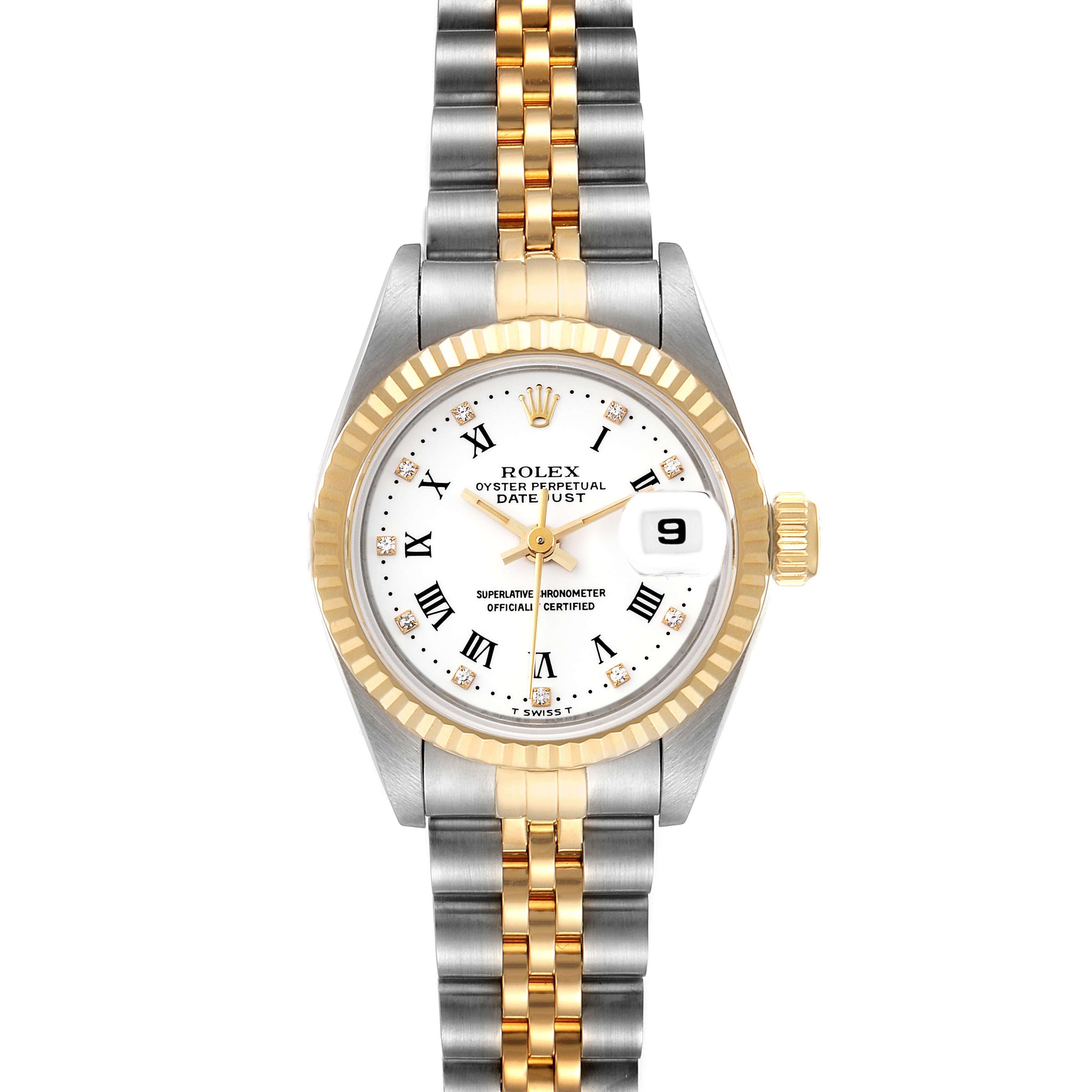 The Rolex Datejust 69173 Women's Steel and Gold (two tone) White Dial 69173 Women's Steel and Gold (two tone) White Dial model watch is shown from the front, displaying the face, bezel, and two-tone bracelet.