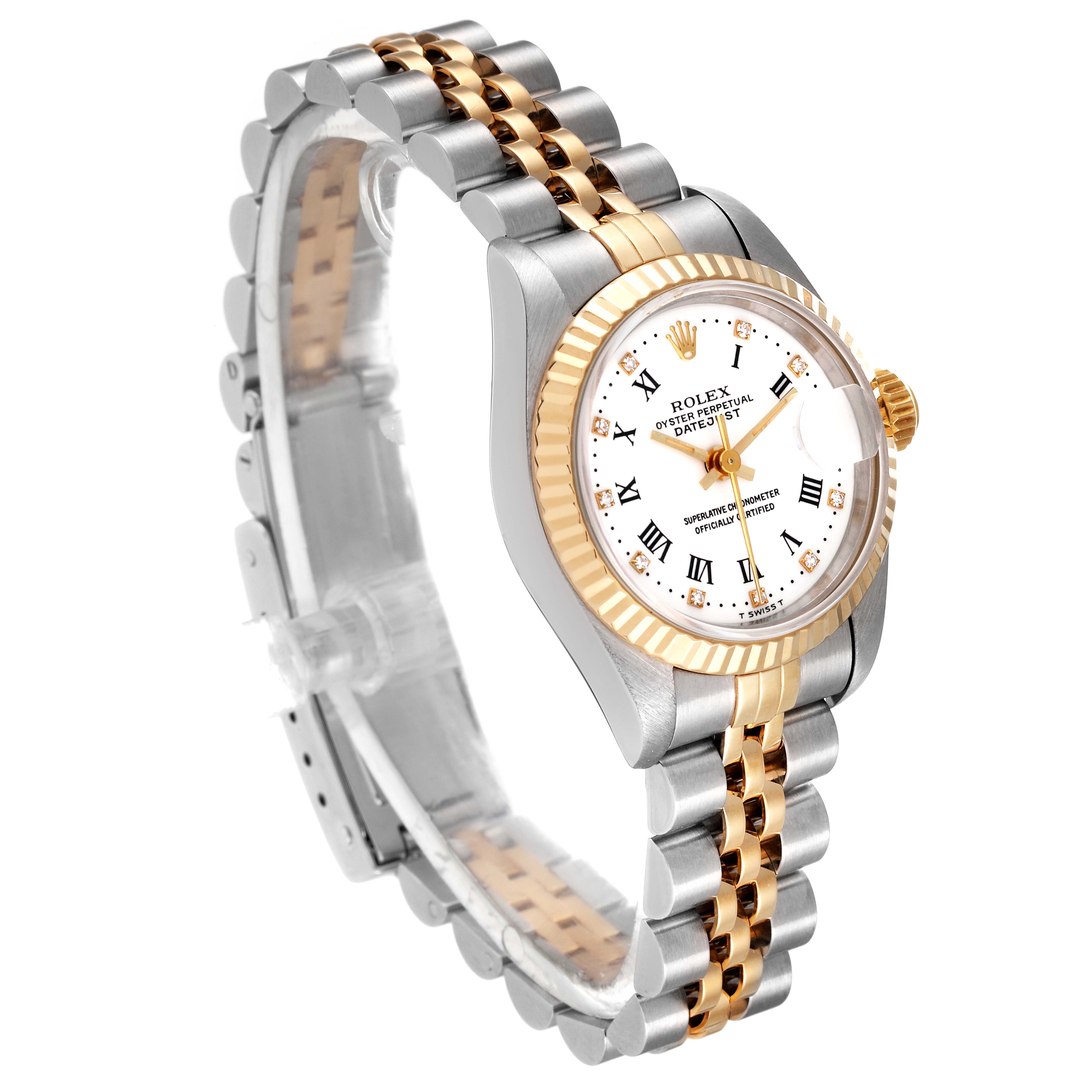 The Rolex Datejust 69173 Women's Steel and Gold (two tone) White Dial 69173 Women's Steel and Gold (two tone) White Dial watch is shown at a three-quarter angle, displaying its face, bezel, and two-tone bracelet.
