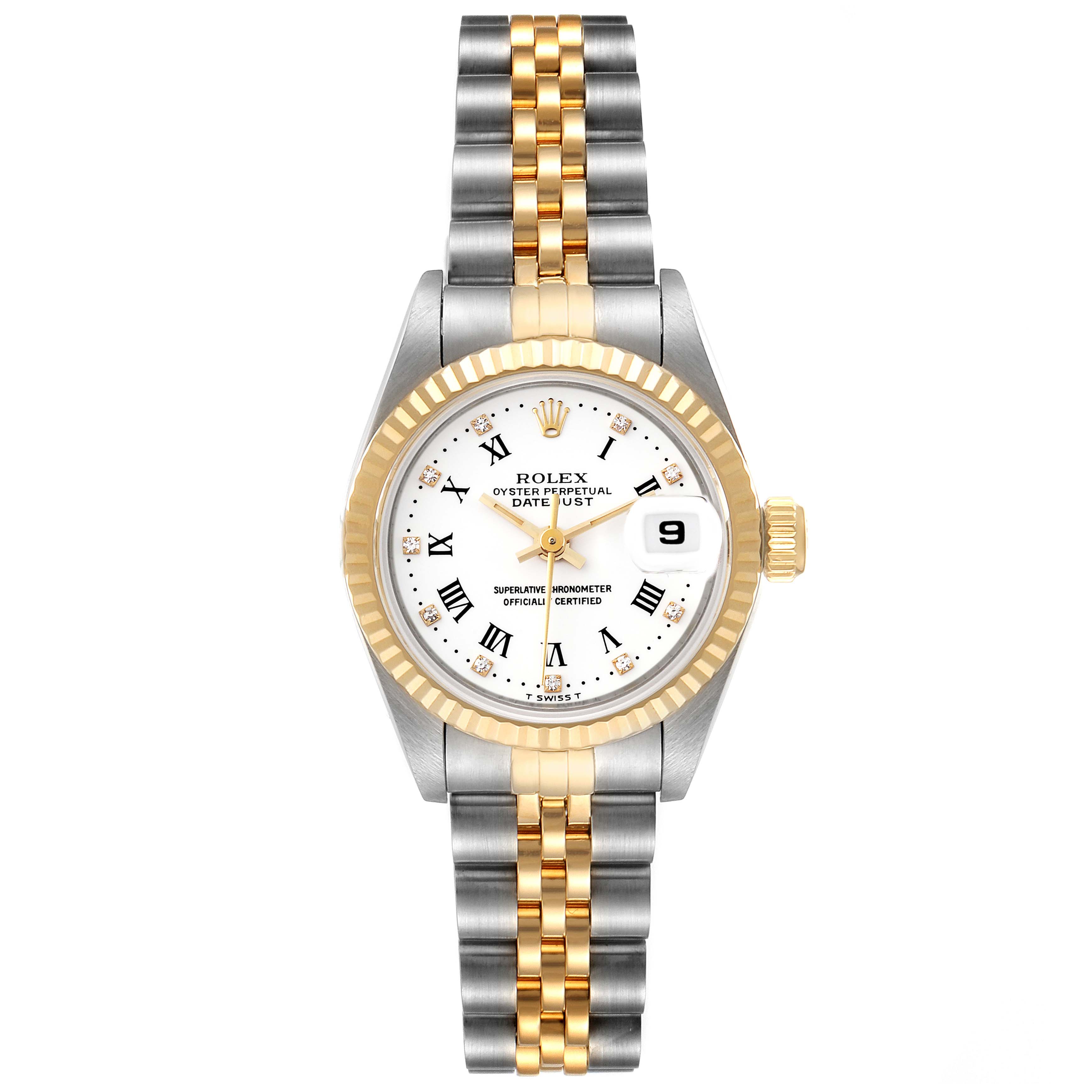 The Rolex Datejust 69173 Women's Steel and Gold (two tone) White Dial 69173 Women's Steel and Gold (two tone) White Dial watch is shown from a top view, displaying its two-tone bracelet, fluted bezel, and white dial with a date window.