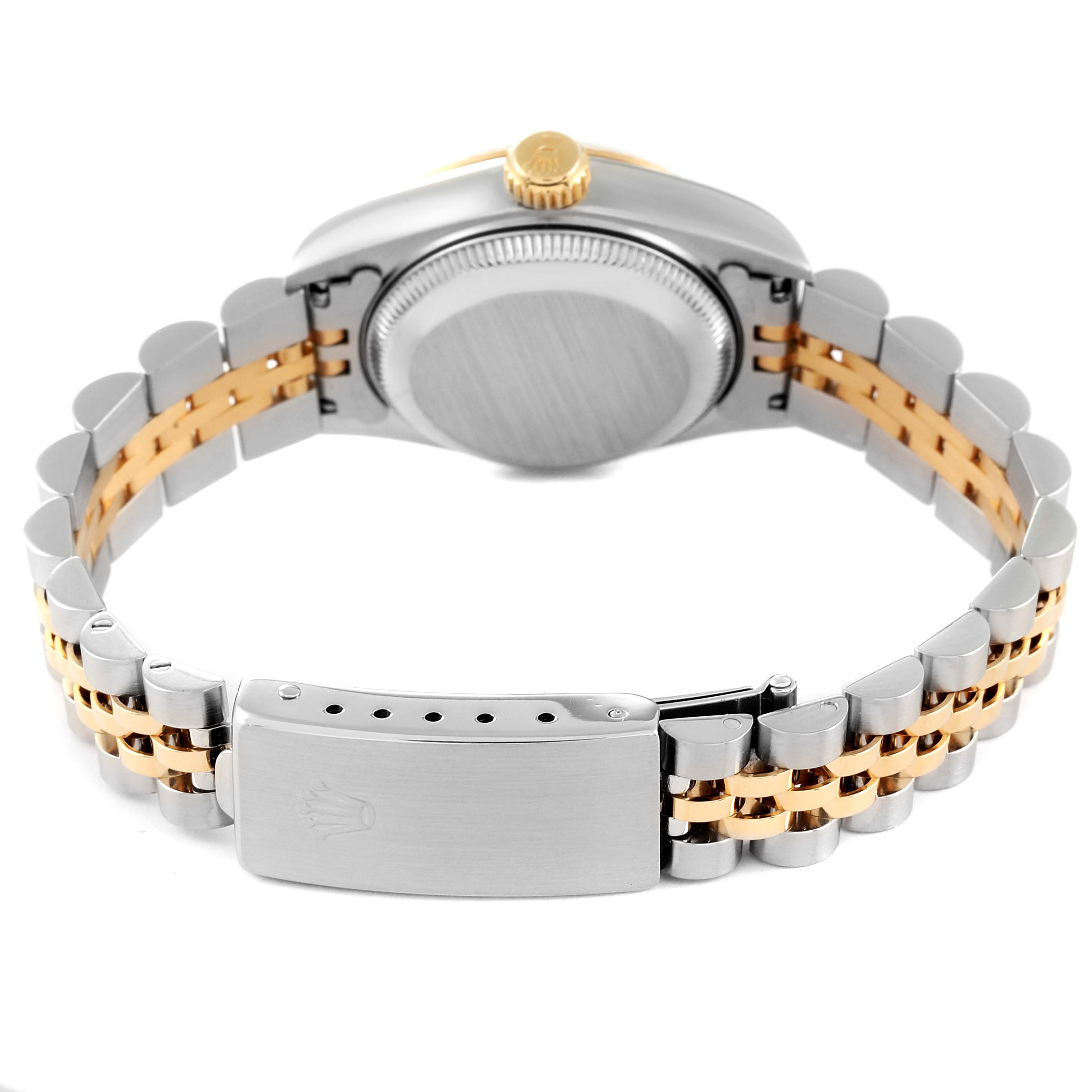 The image shows the back view of a Rolex Datejust 69173 Women's Steel and Gold (two tone) White Dial 69173 Women's Steel and Gold (two tone) White Dial watch, highlighting the clasp, bracelet, case back, and crown.