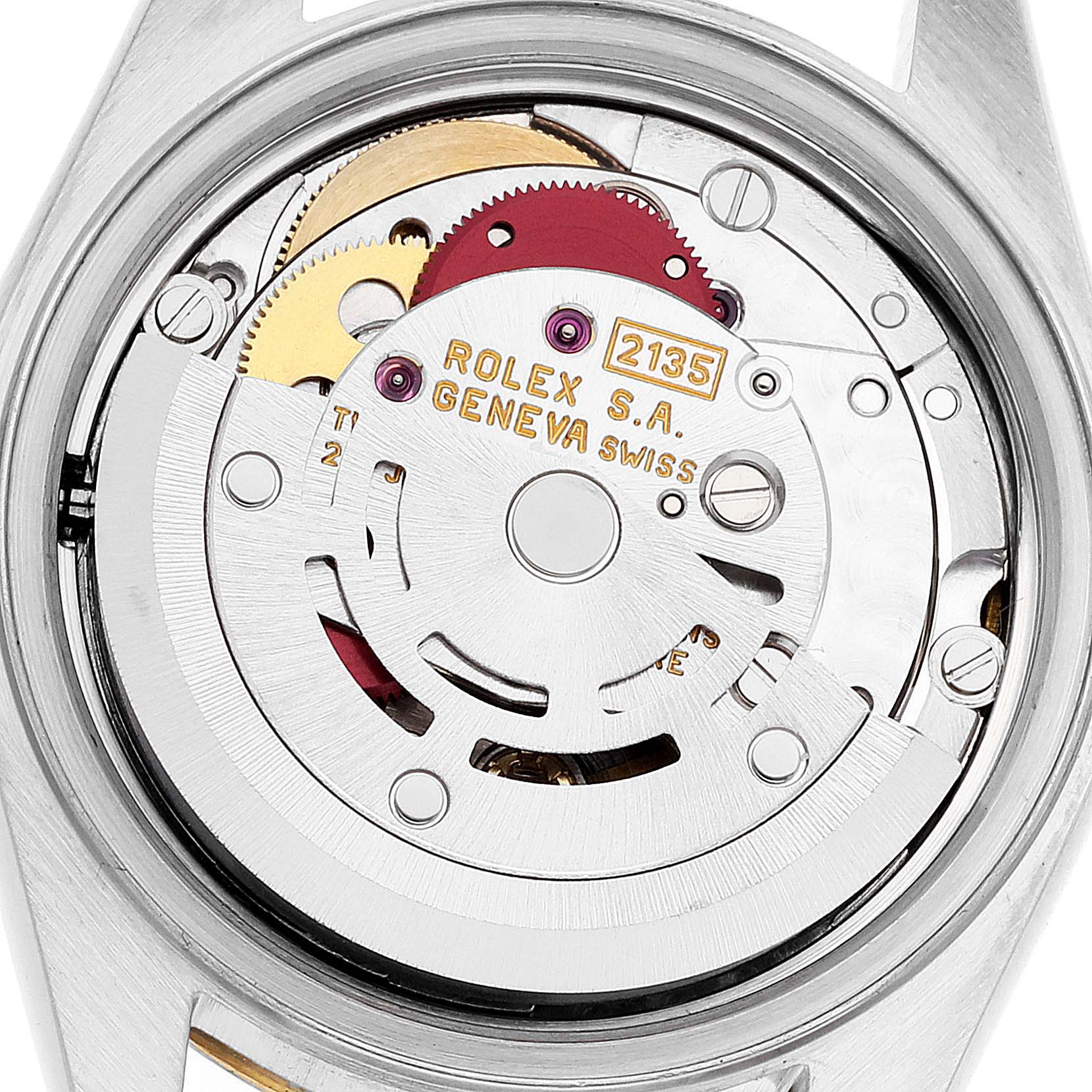 This image shows the internal mechanism of a Rolex Datejust 69173 Women's Steel and Gold (two tone) White Dial 69173 Women's Steel and Gold (two tone) White Dial watch from a top-down angle.