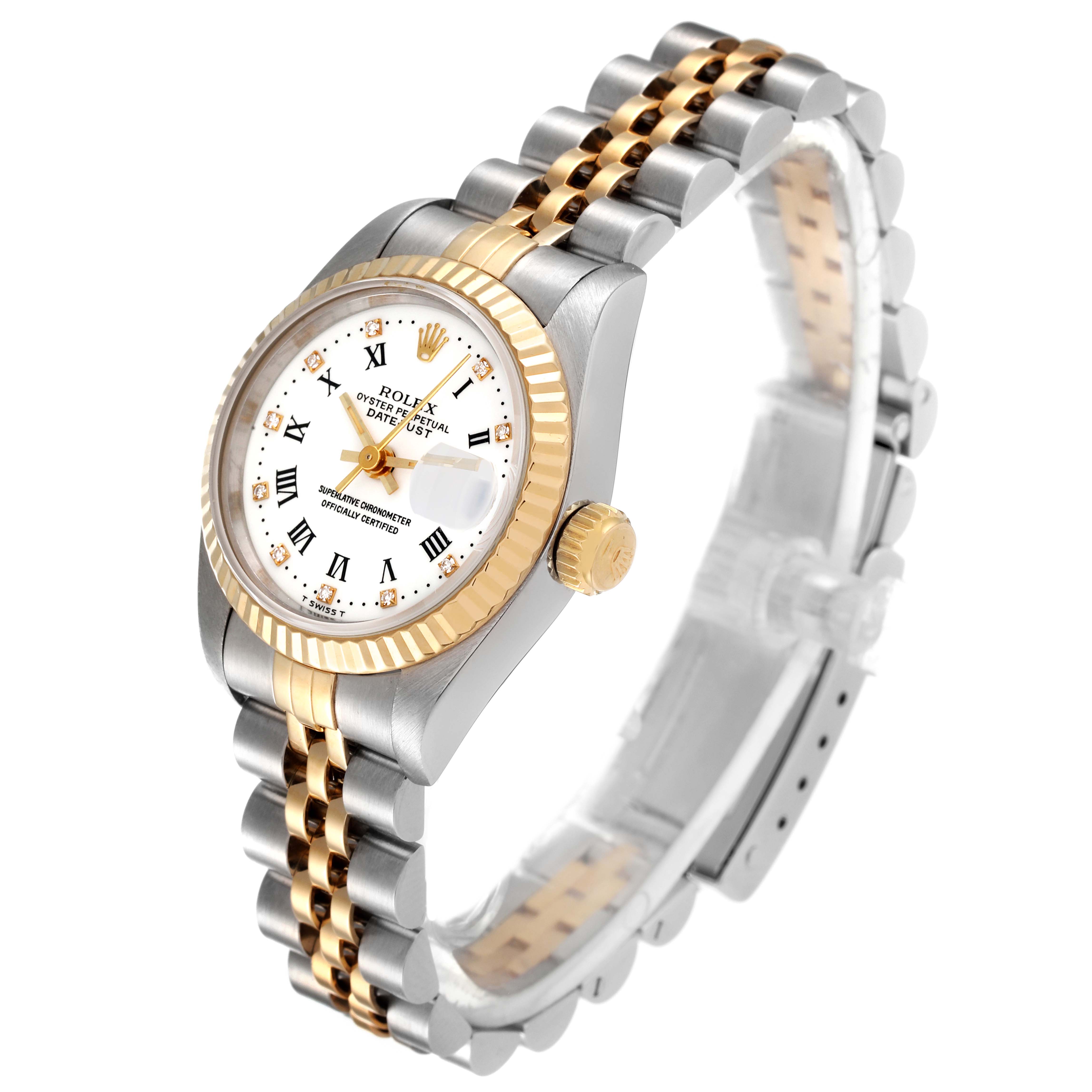 The Rolex Datejust 69173 Women's Steel and Gold (two tone) White Dial 69173 Women's Steel and Gold (two tone) White Dial watch is shown at a 3/4 angle, highlighting its two-tone bracelet, fluted bezel, and white dial with Roman numerals.