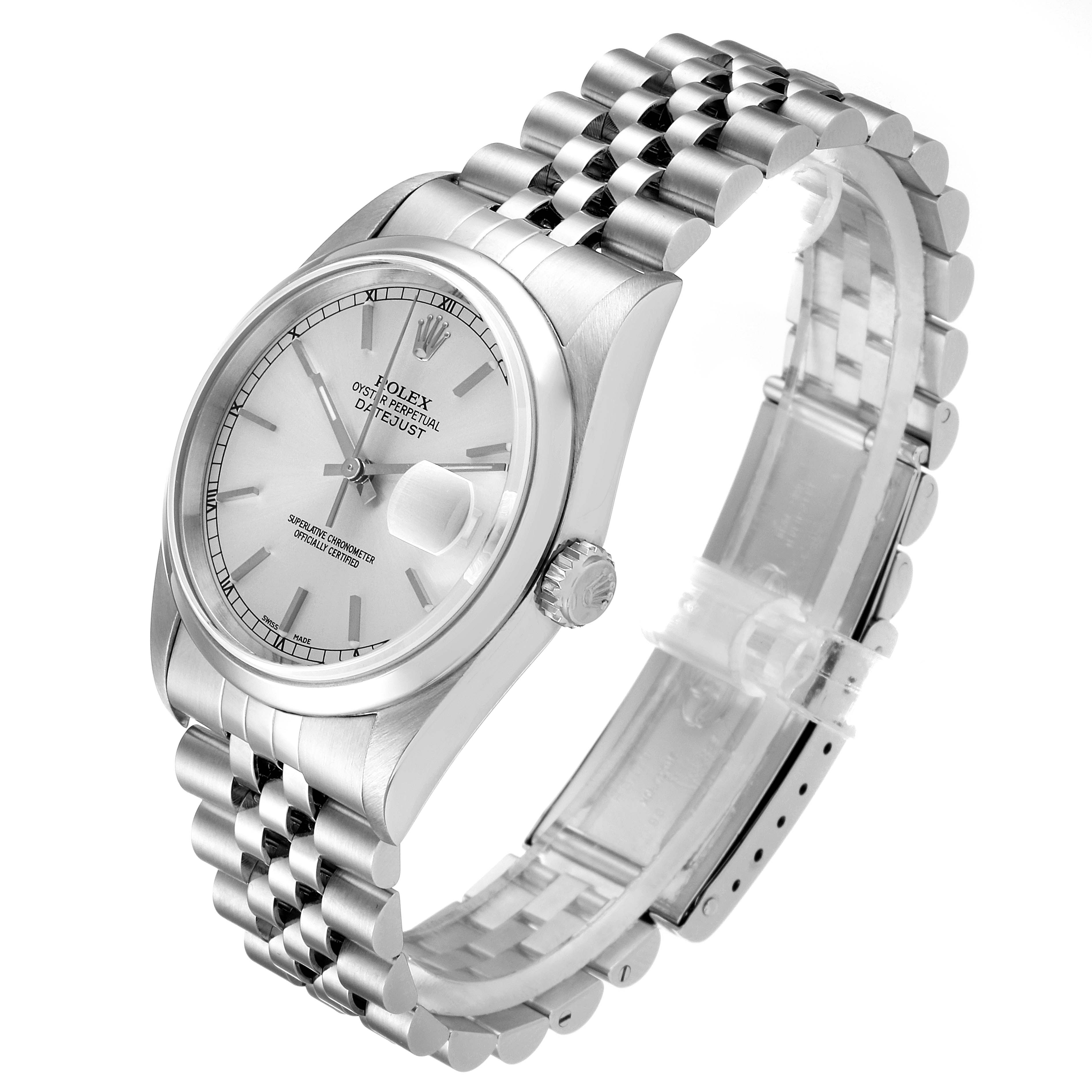 This image shows a Rolex Datejust 16200 Men's Stainless Steel Silver Dial 16200 Men's Stainless Steel Silver Dial watch from an angled side view, highlighting the dial, bezel, crown, and bracelet.